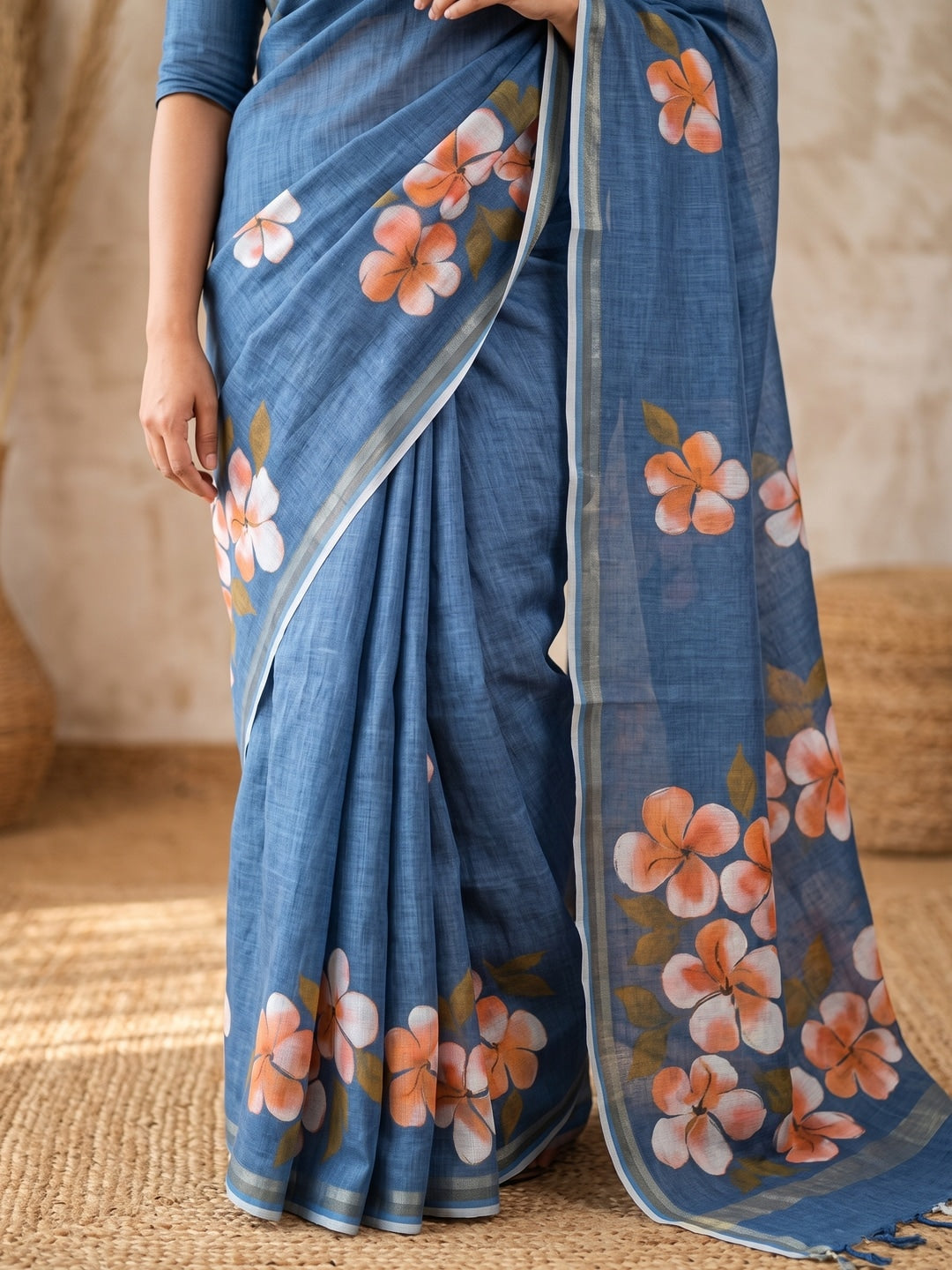 Blue Floral Printed Linen Saree with Matching Blouse - Image 5