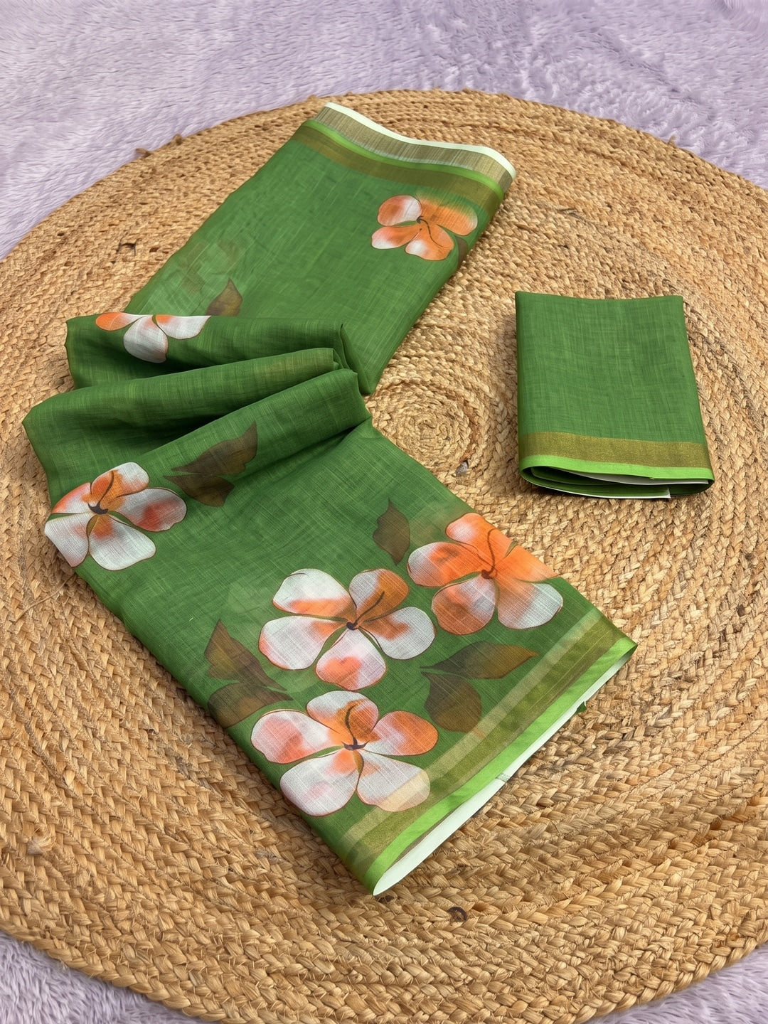 Green Floral Printed Linen Saree with Matching Blouse - Image 4