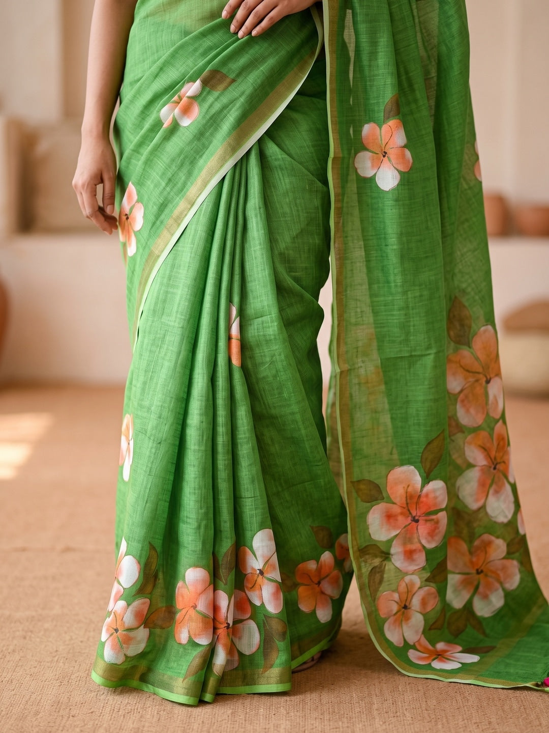 Green Floral Printed Linen Saree with Matching Blouse - Image 5