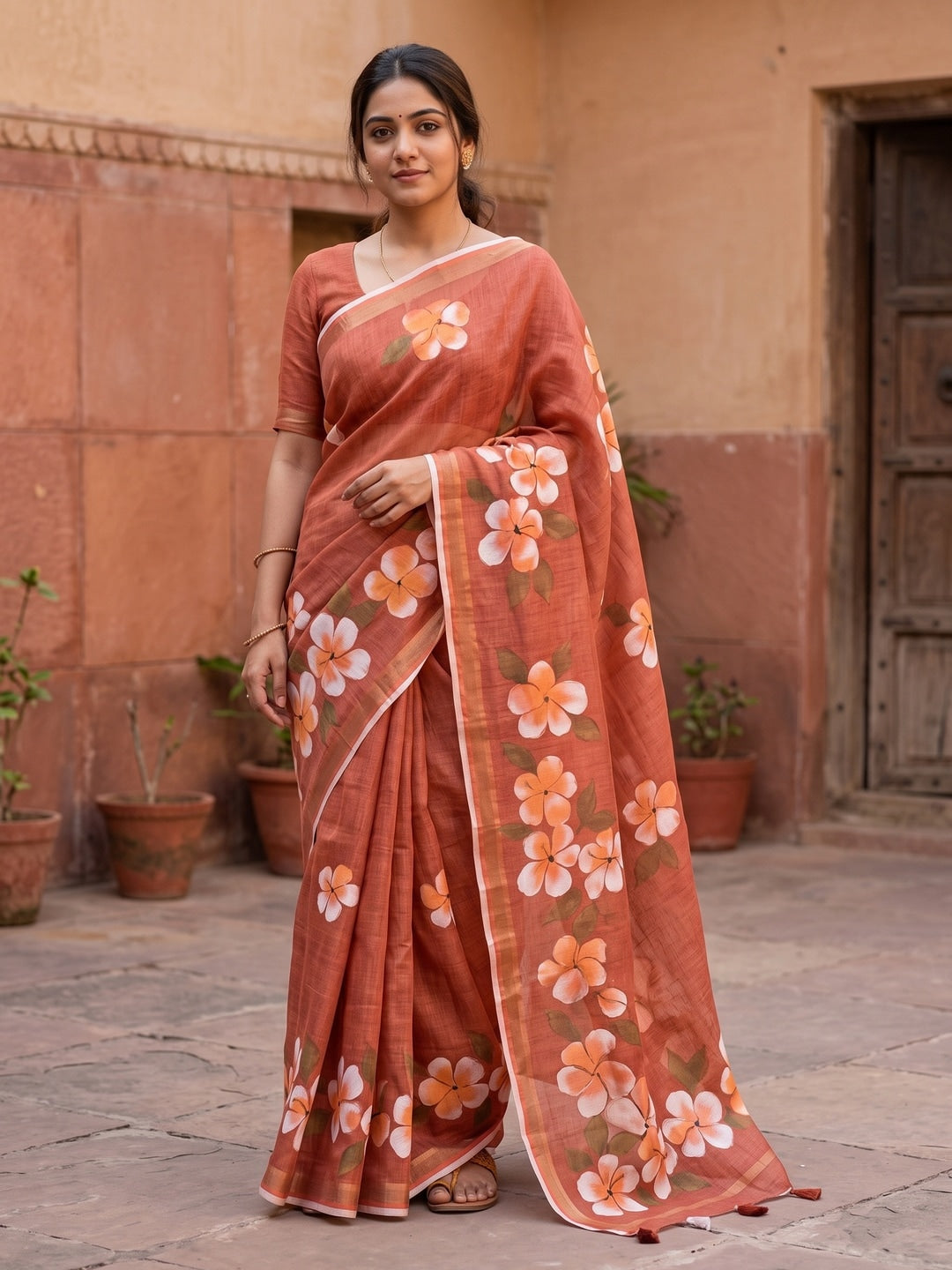 Orange Floral Printed Linen Saree with Matching Blouse - Image 1