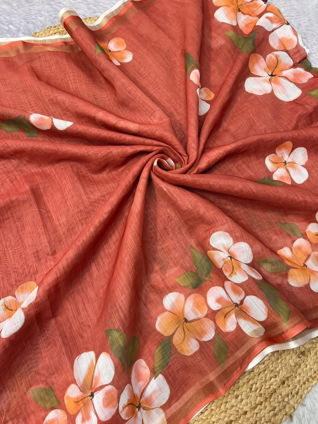 Orange Floral Printed Linen Saree with Matching Blouse - Image 2