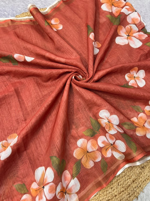 Orange Floral Printed Linen Saree with Matching Blouse - Image 2