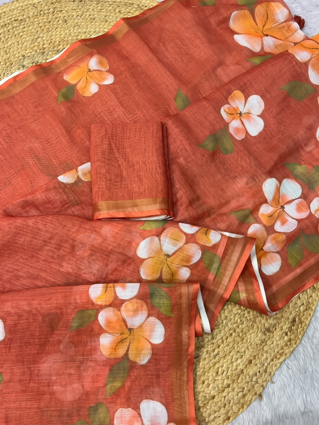 Orange Floral Printed Linen Saree with Matching Blouse - Image 3