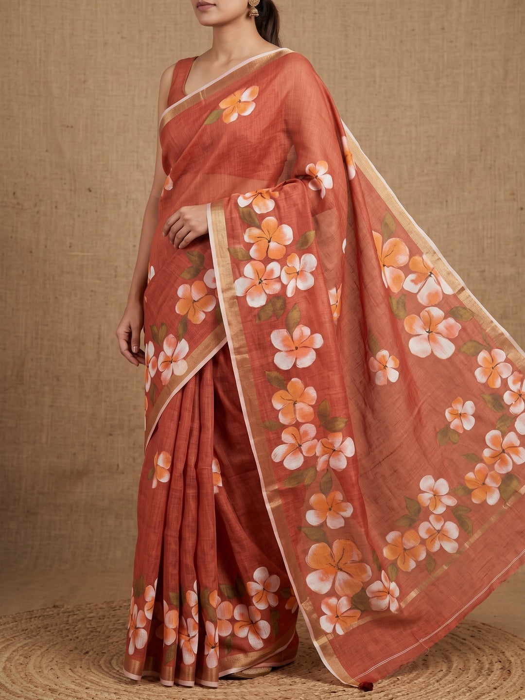 Orange Floral Printed Linen Saree with Matching Blouse - Image 5