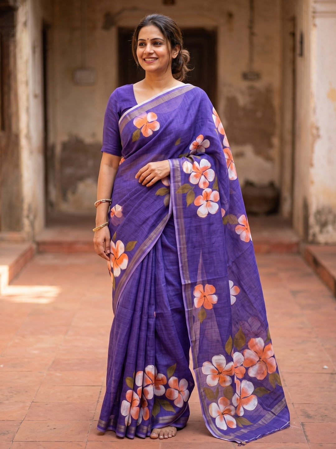 Purple Floral Printed Linen Saree with Matching Blouse - Image 1