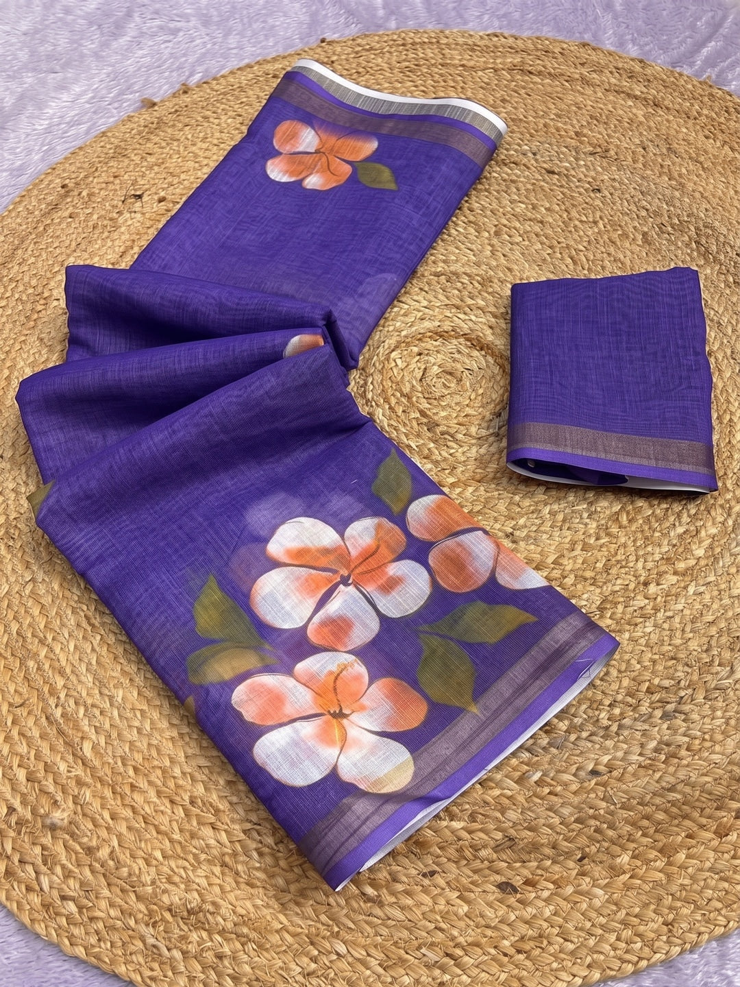Purple Floral Printed Linen Saree with Matching Blouse - Image 3