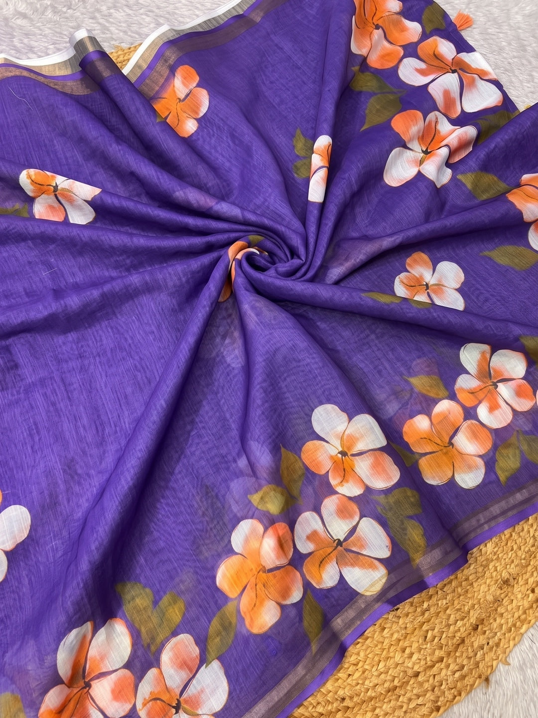 Purple Floral Printed Linen Saree with Matching Blouse - Image 4
