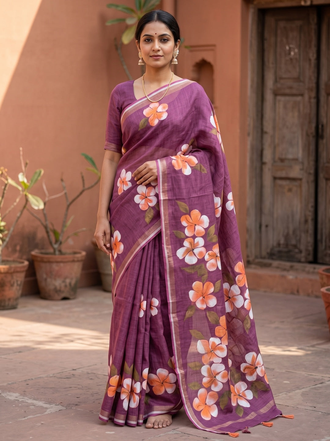 Wine Floral Printed Linen Saree with Matching Blouse - Image 1