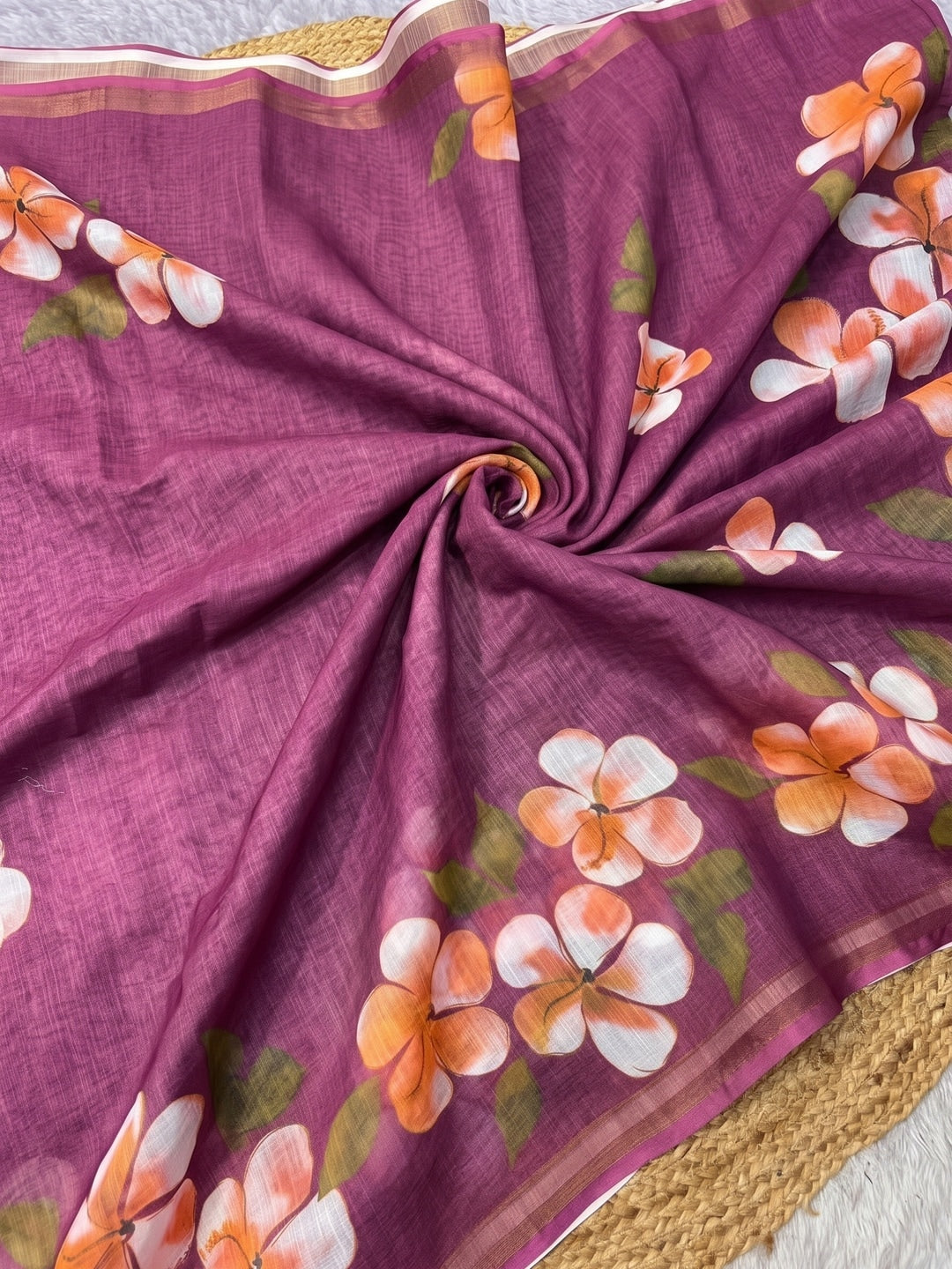 Wine Floral Printed Linen Saree with Matching Blouse - Image 2