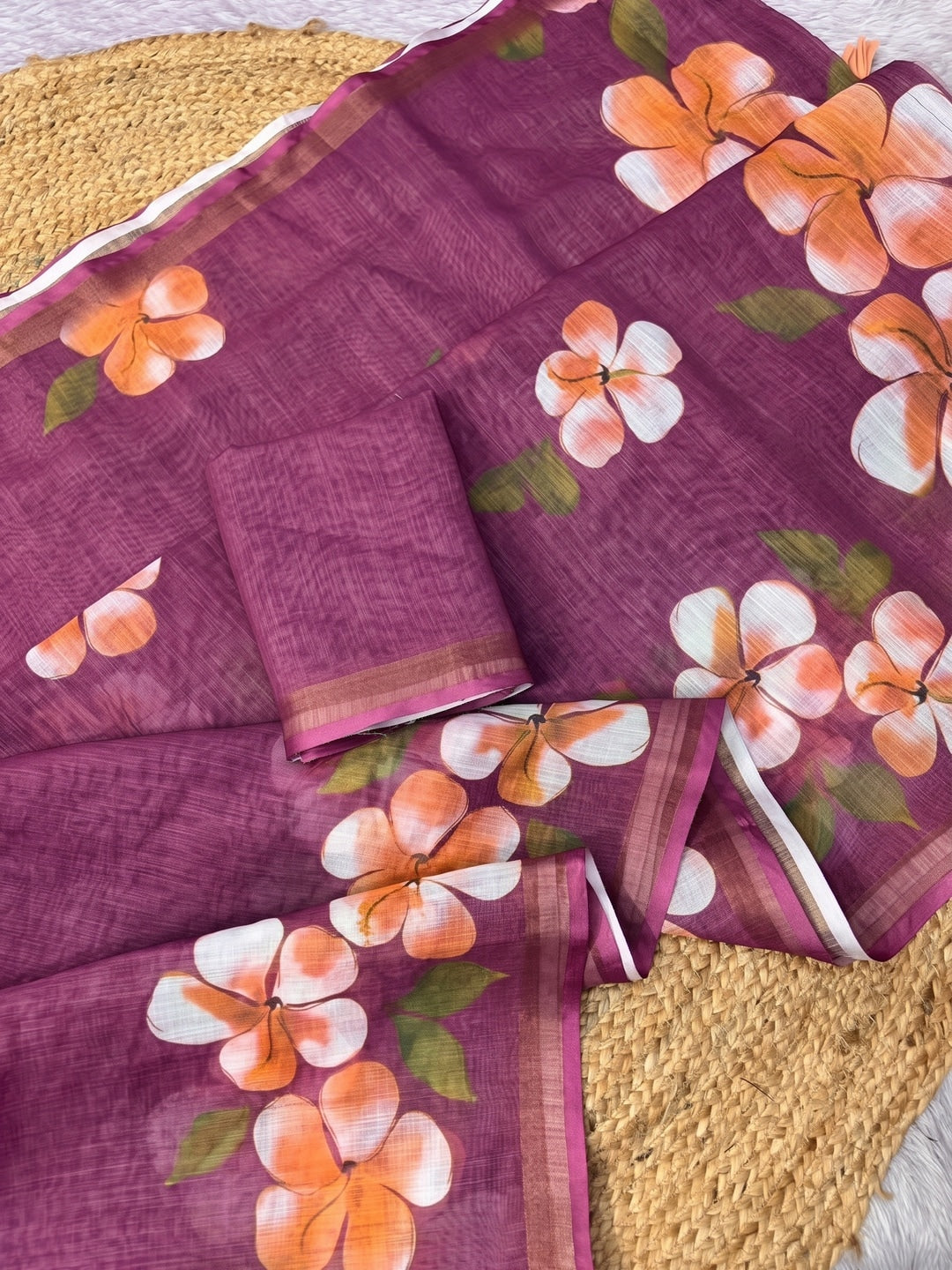 Wine Floral Printed Linen Saree with Matching Blouse - Image 3