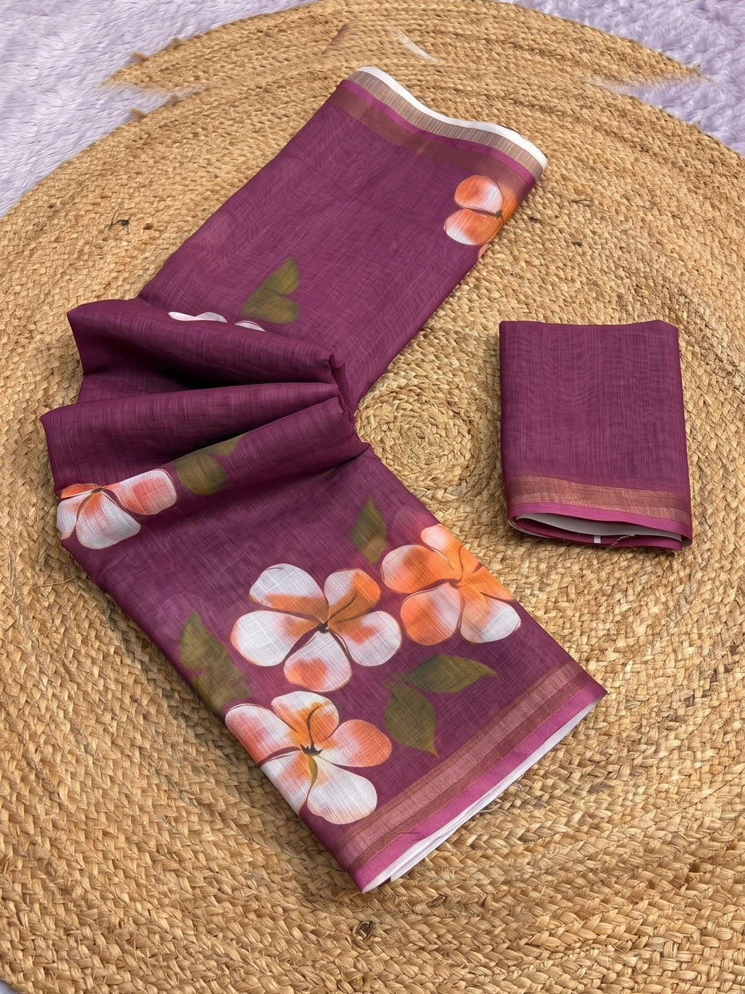 Wine Floral Printed Linen Saree with Matching Blouse - Image 4