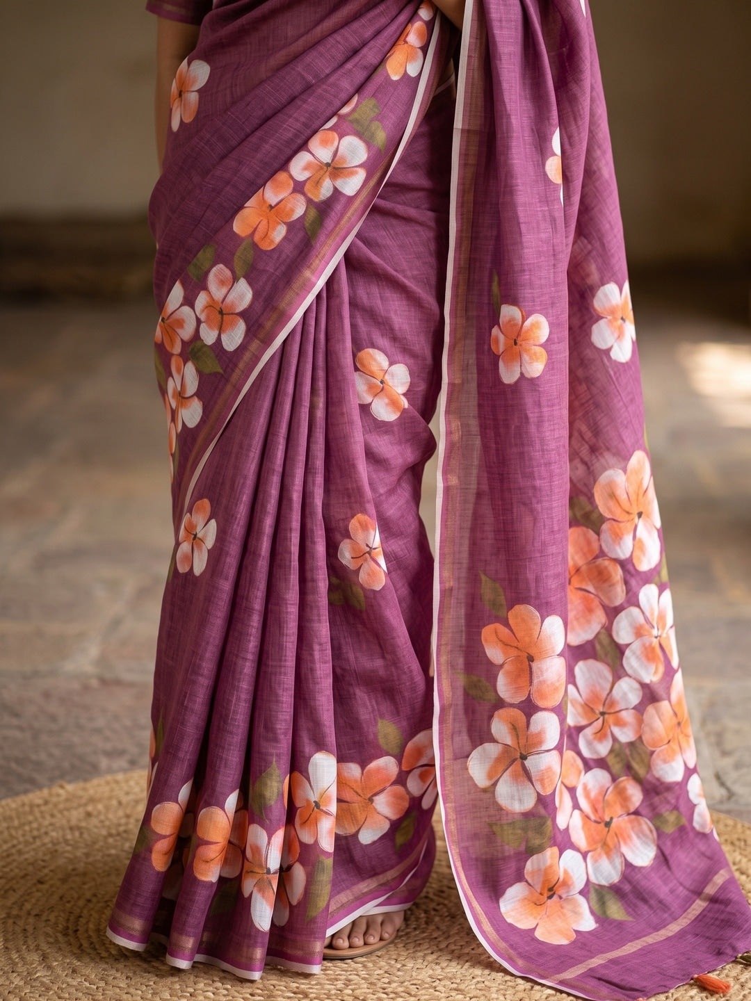 Wine Floral Printed Linen Saree with Matching Blouse - Image 5