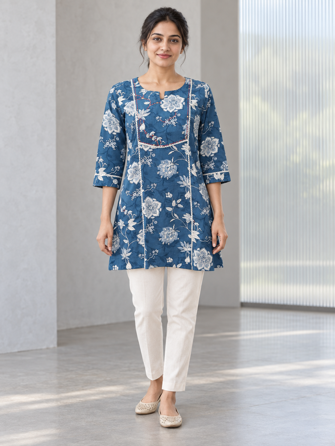 Peachmode Blue Rayon Floral Printed Embroidered Top - Image 1