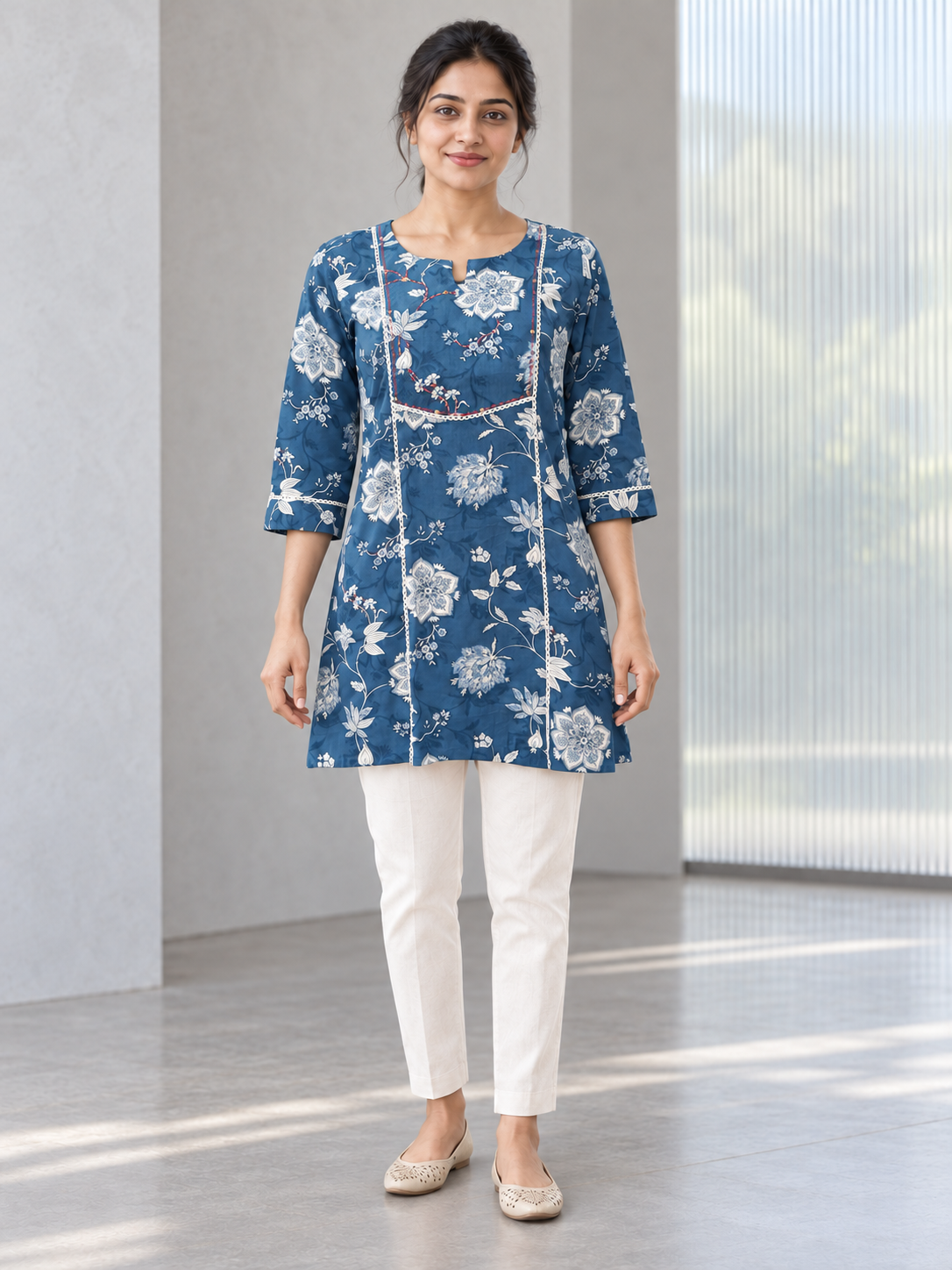 Peachmode Blue Rayon Floral Printed Embroidered Top - Image 2
