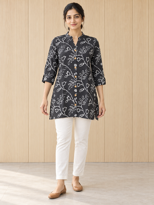 Peachmode Grey Rayon Floral Line-Art Buttoned Top - Image 1
