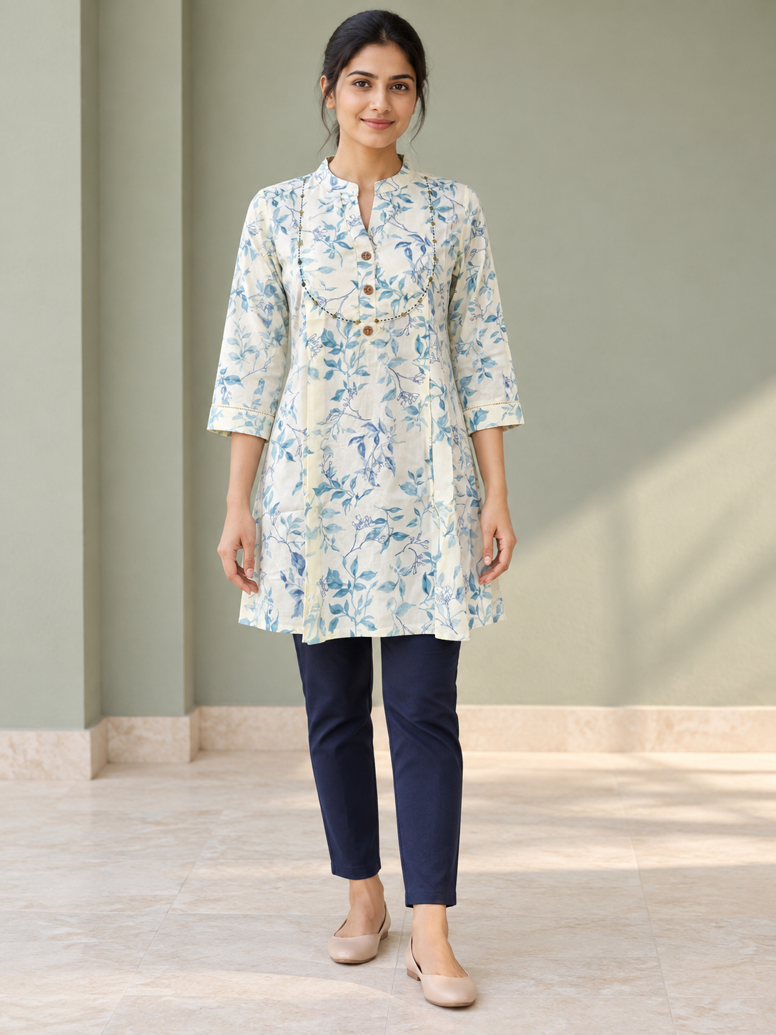 Peachmode Blue Rayon Leafy Floral Embroidered A-Line Top - Image 1