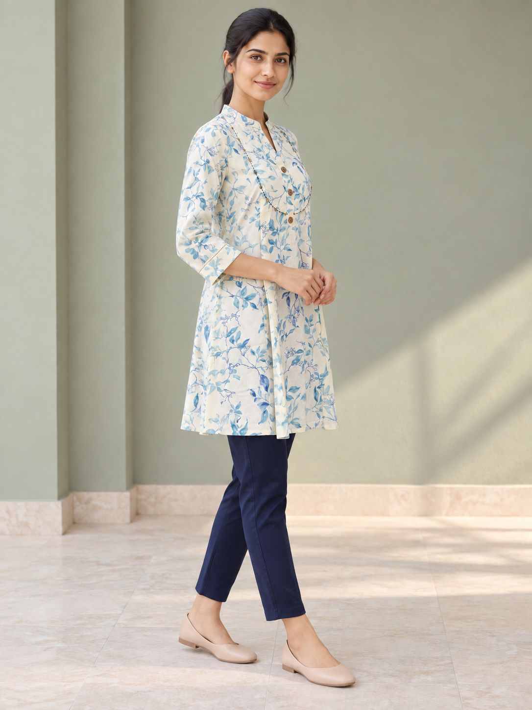 Peachmode Blue Rayon Leafy Floral Embroidered A-Line Top - Image 3