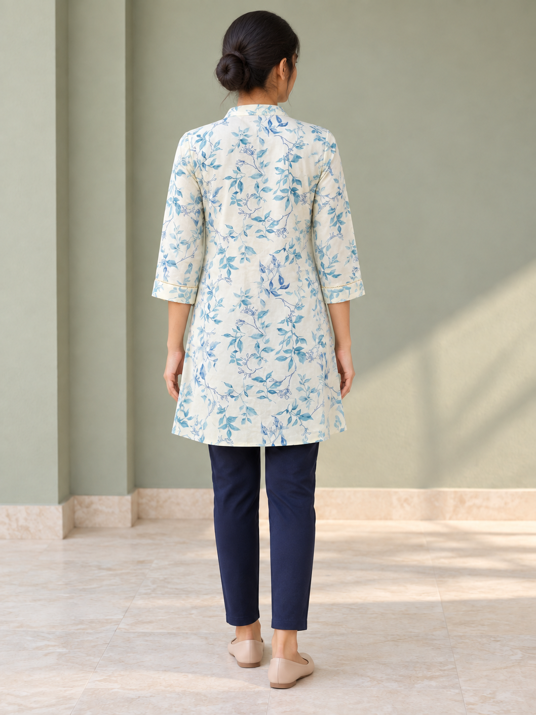 Peachmode Blue Rayon Leafy Floral Embroidered A-Line Top - Image 4