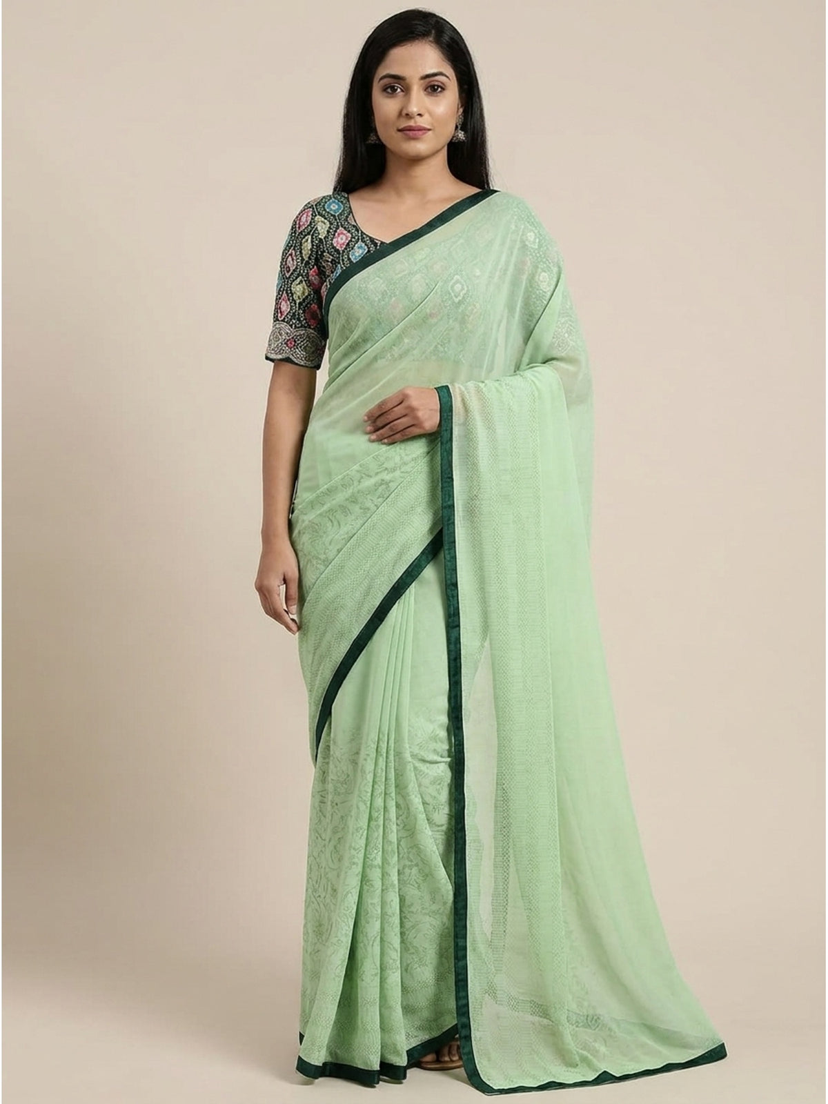 Green Floral Printed Georgette Saree - Image 5