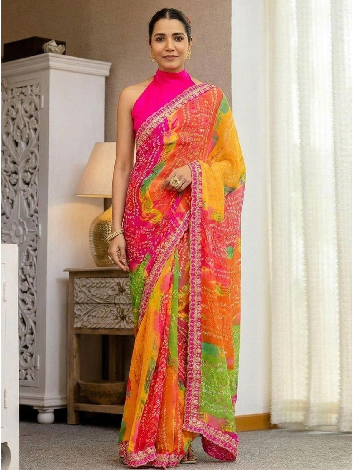 Multicolor Bandhani Printed Georgette Saree With Sequins Embroidered Border - Image 5