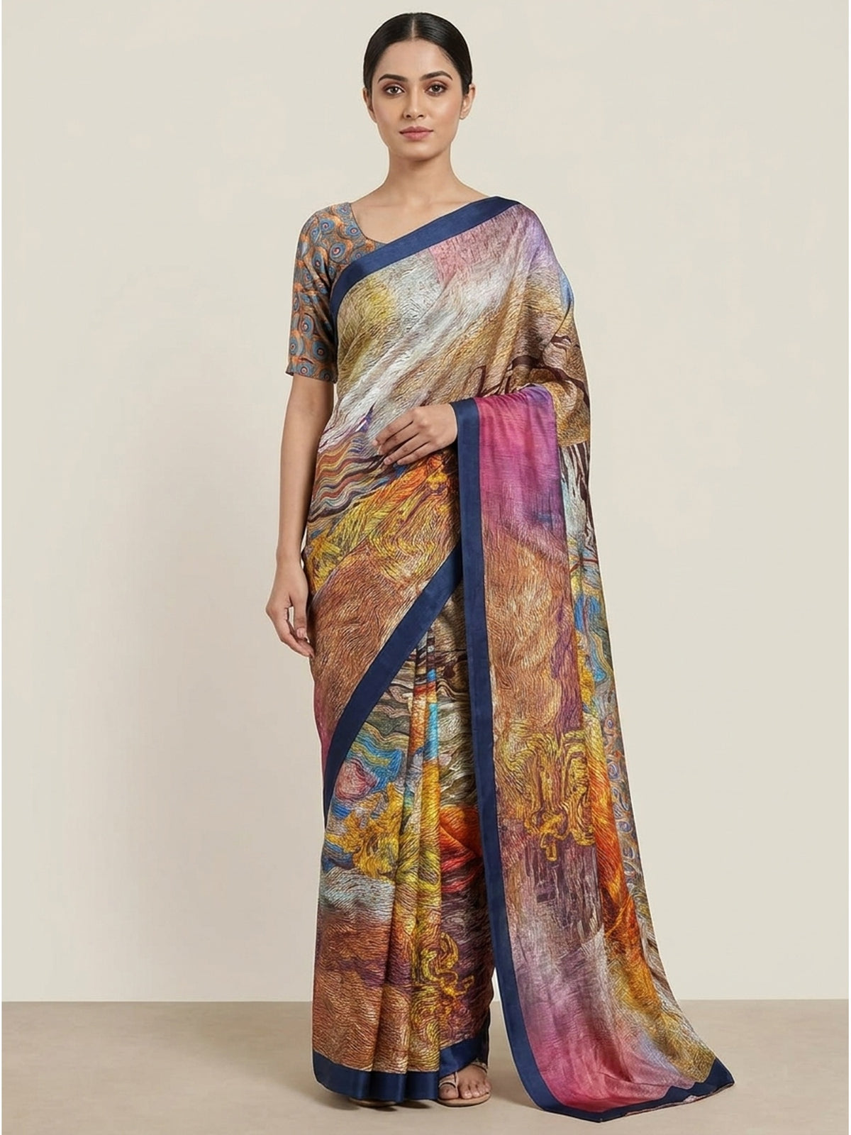 Multicolor Digital Printed Chinon Silk Saree - Image 4