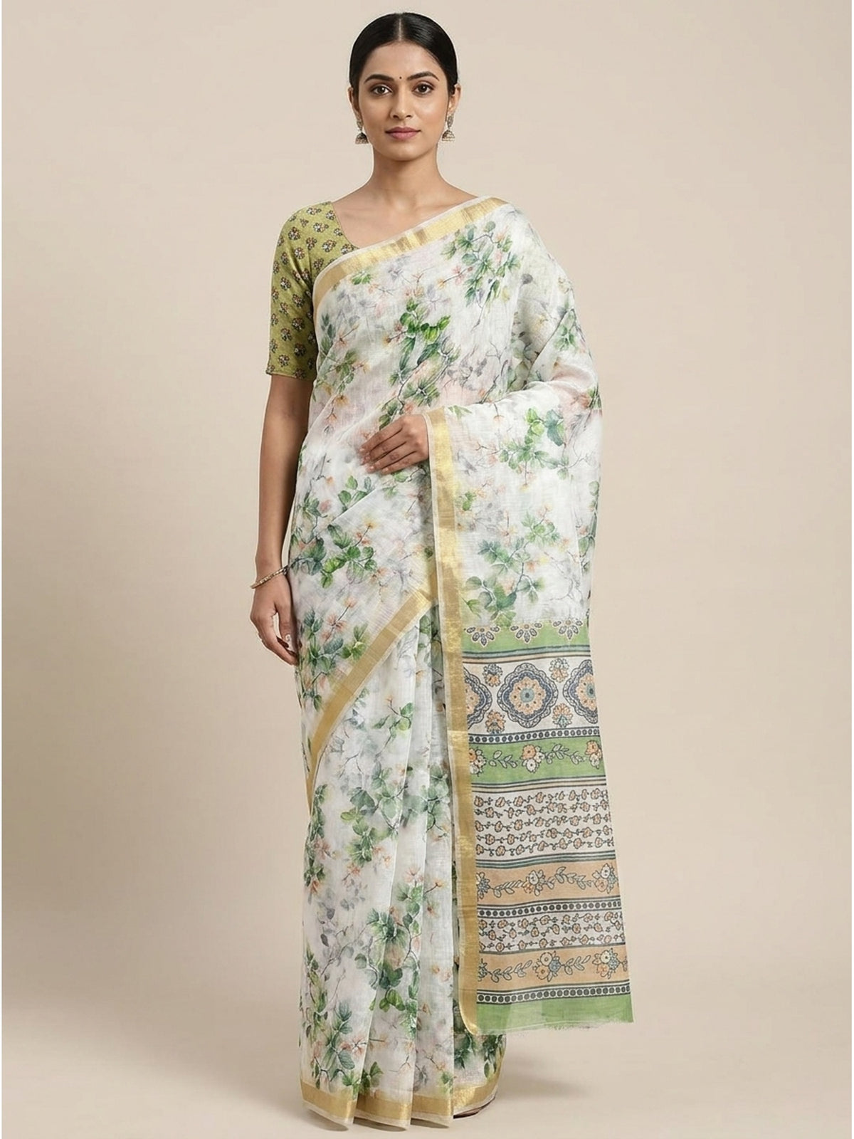 White & Green Floral Digital Printed Linen Saree With Zari Border - Image 3