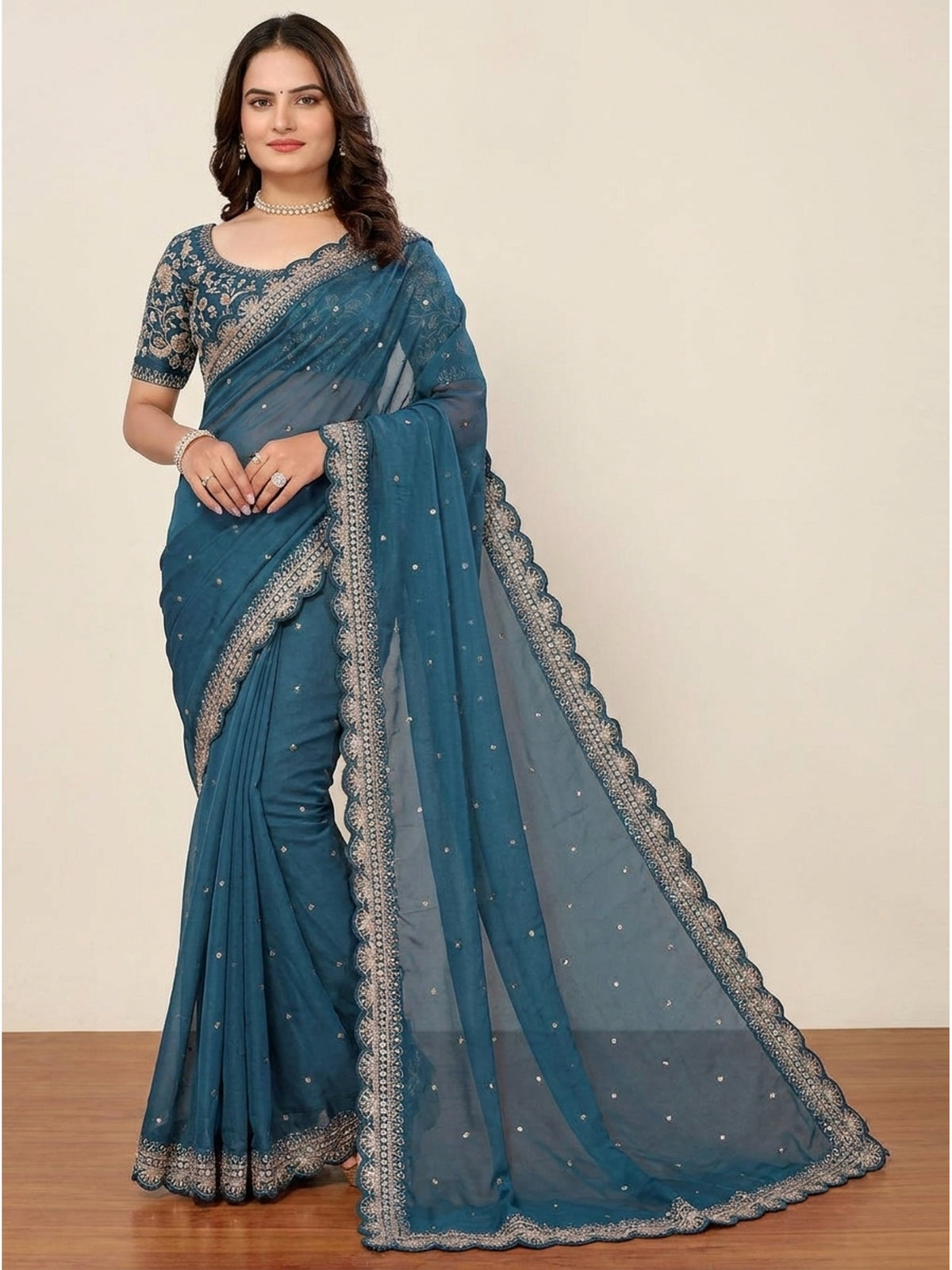 Blue Sequins Embroidered Embroidered Organza Saree - Image 6