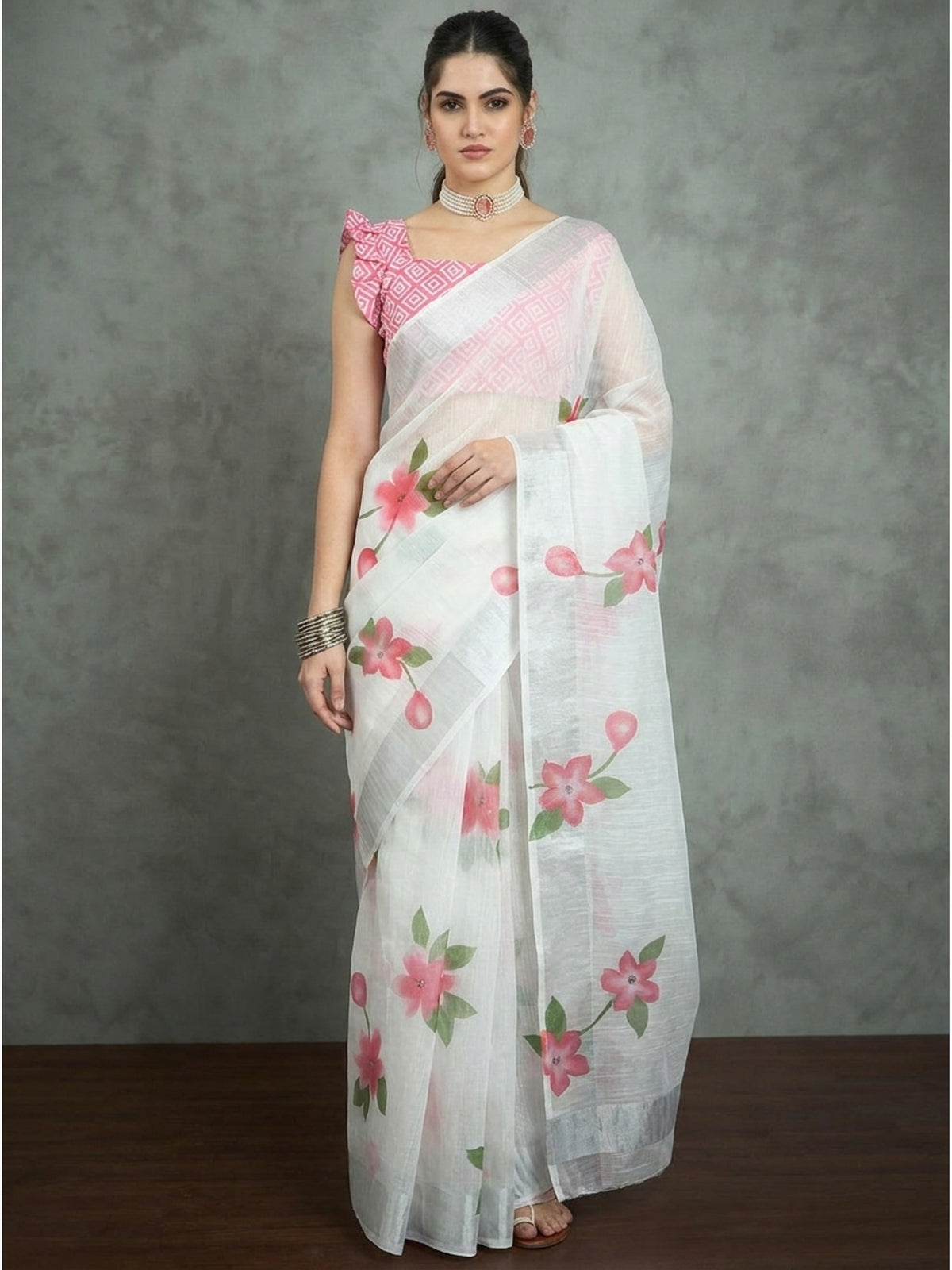 White & Pink Digital Printed Linen Saree - Image 3