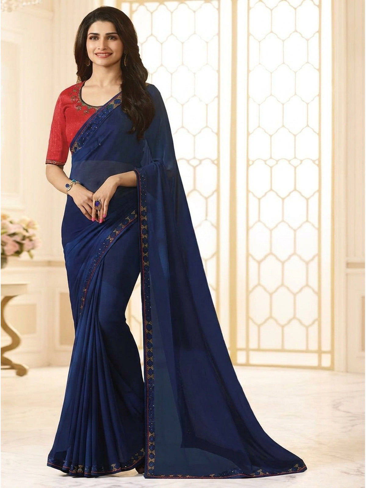 Blue Swarovski Work Georgette Saree - Image 2