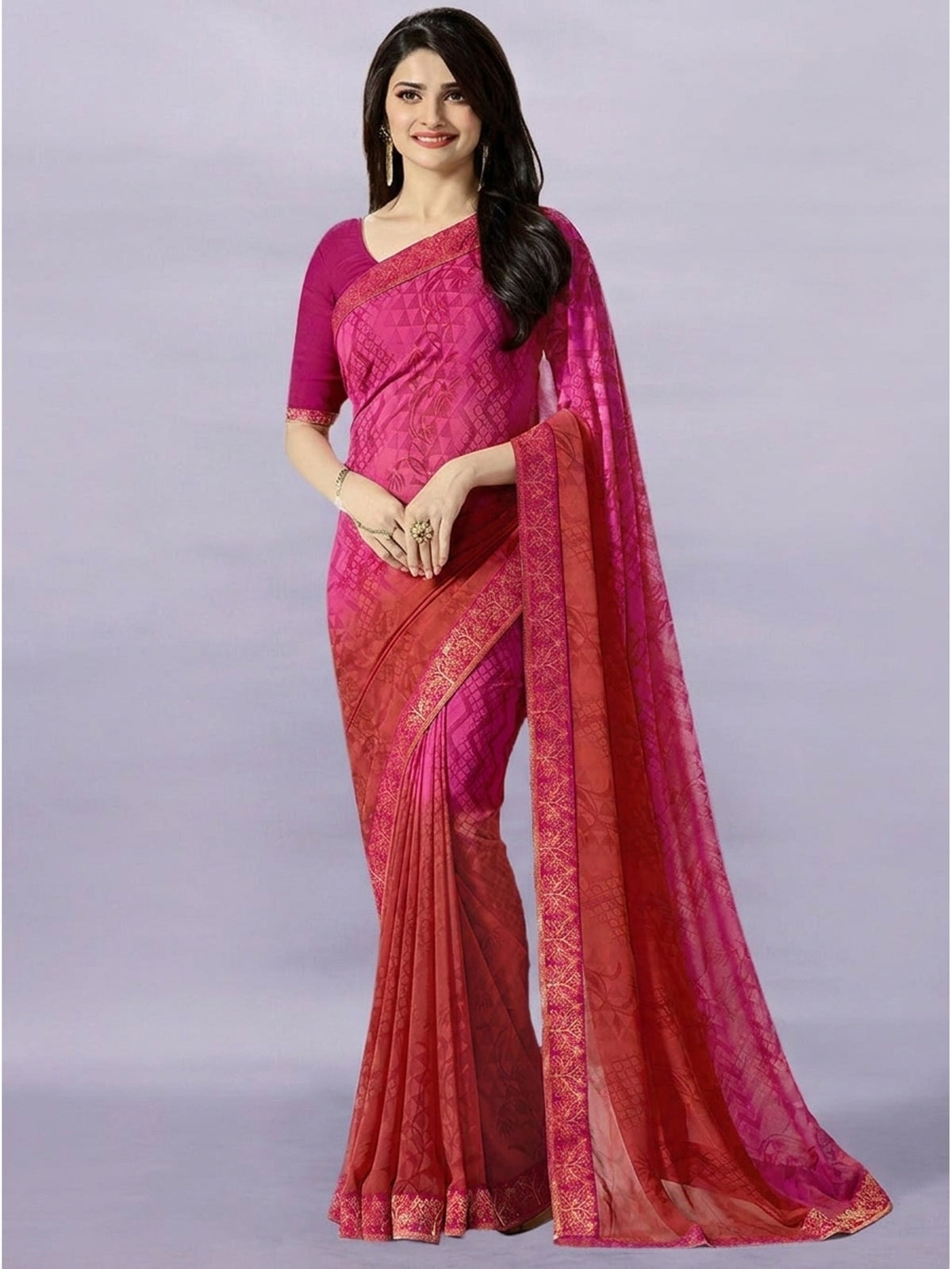 Pink & Red Printed Georgette Saree - Image 1