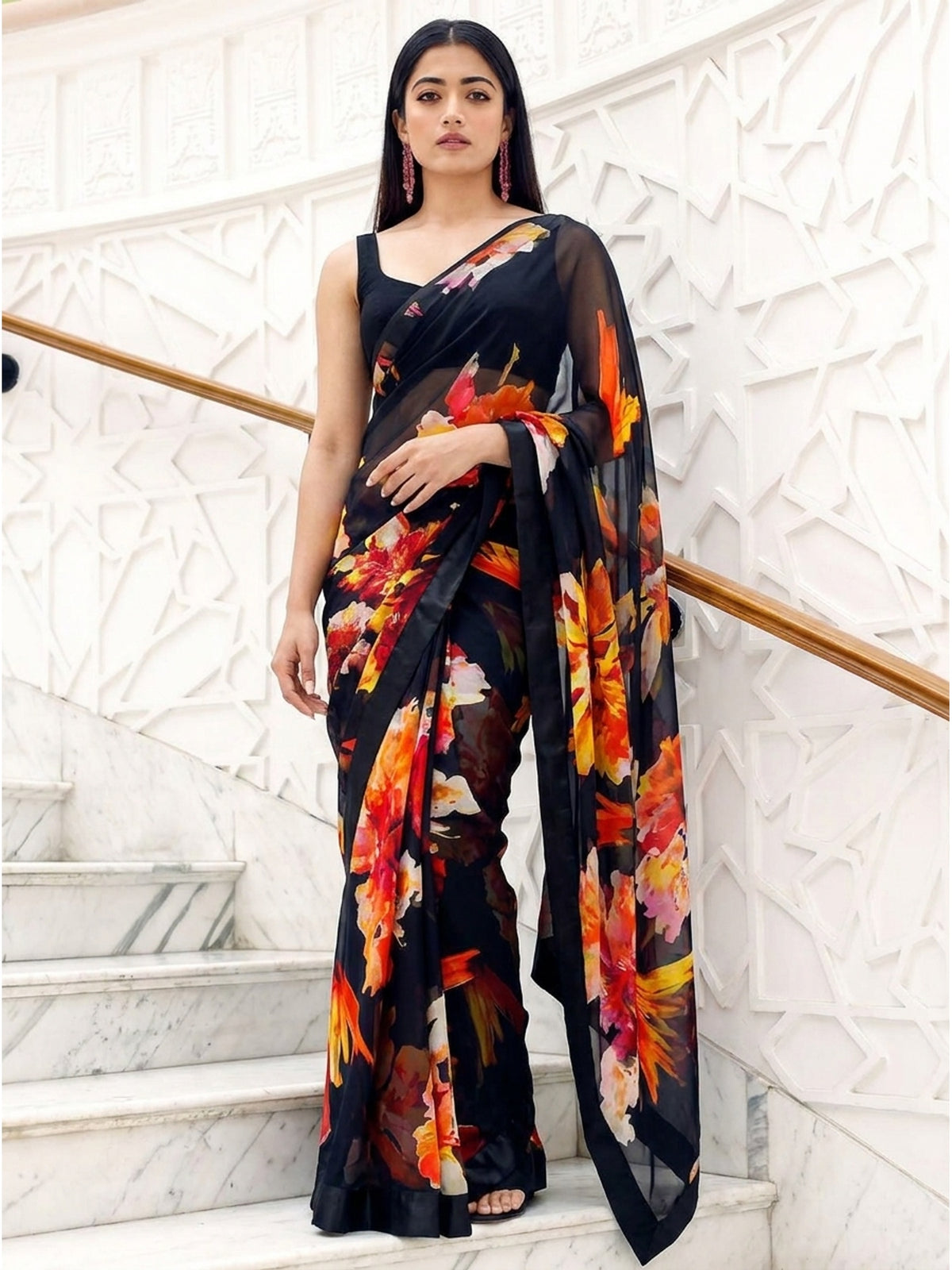 Black Floral Printed Georgette Saree - Image 1