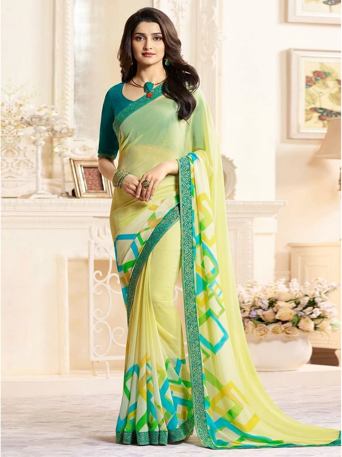 Lemon Yellow Printed Georgette Saree With Lace Border - Image 1