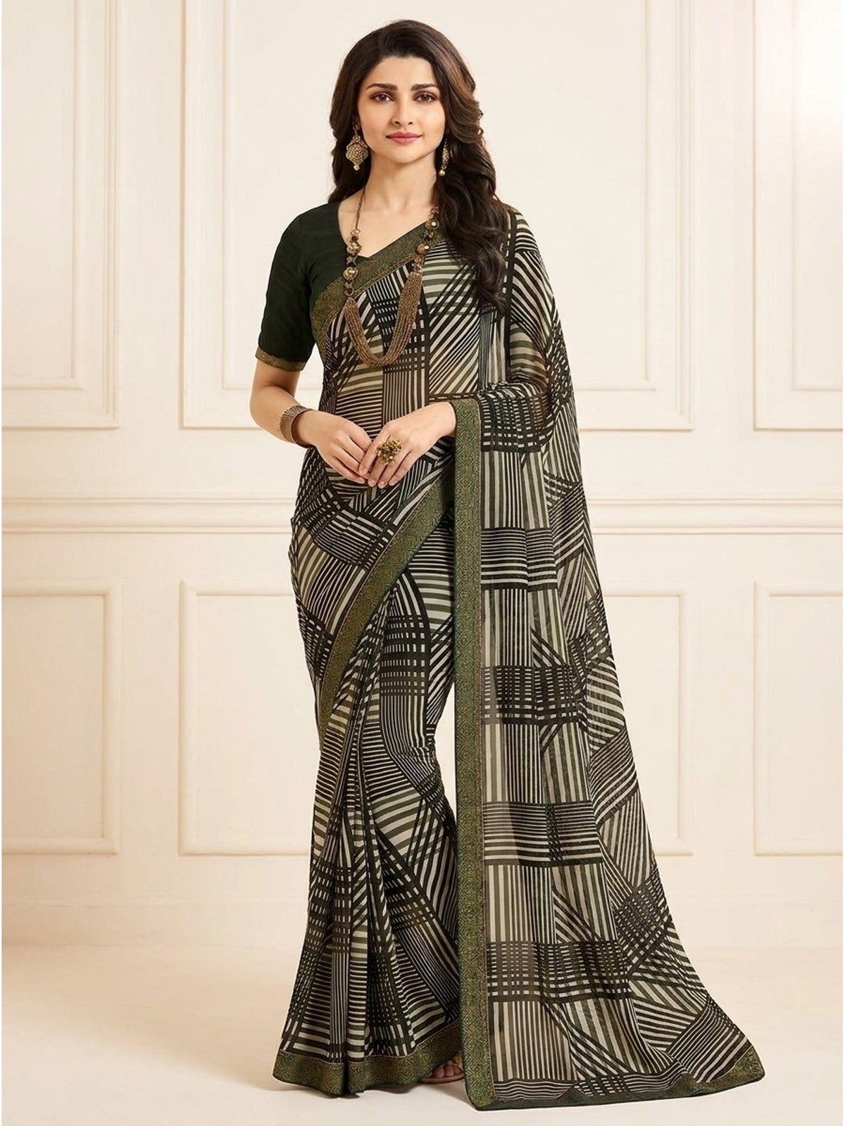 Mehandi Green Printed Georgette Saree With Lace Border - Image 1