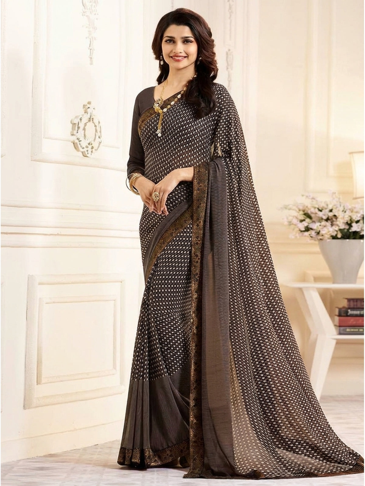Brown Printed Georgette Saree With Lace Border - Image 1