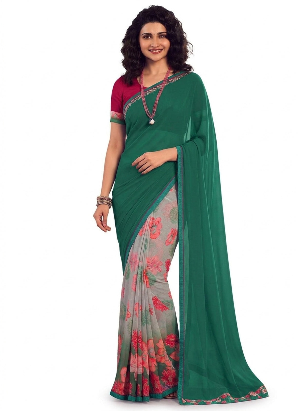 Rama Green Floral Printed Georgette Saree - Image 1