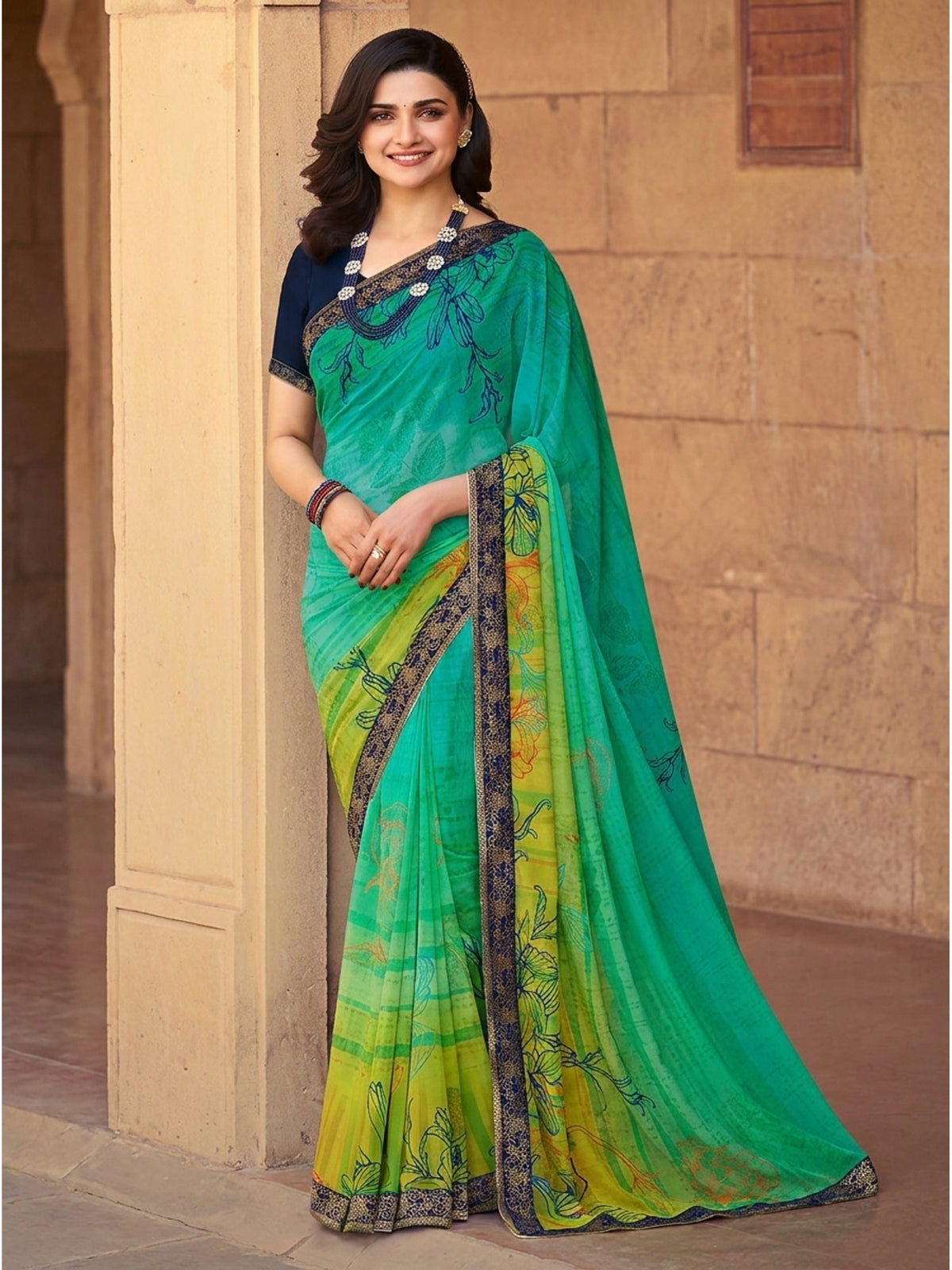 Turquoise Floral Printed Georgette Saree - Image 1