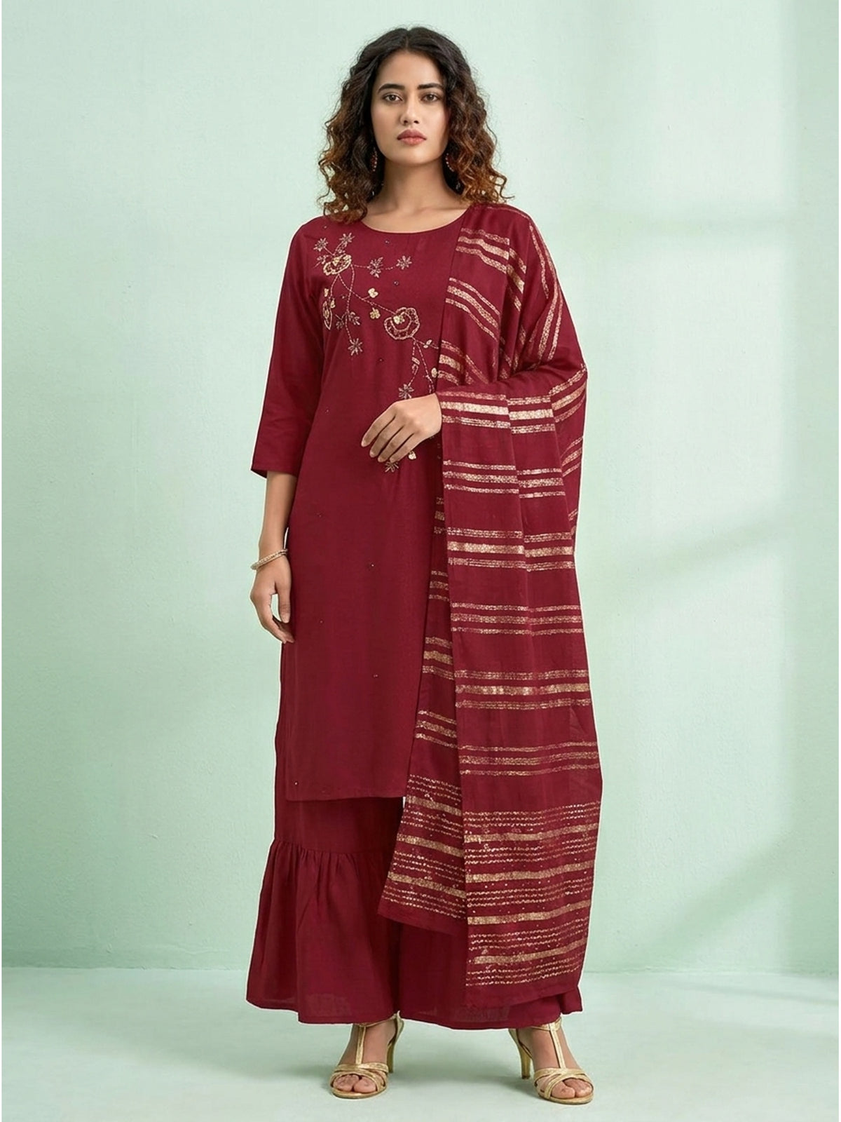 Maroon Floral Handwork Muslin Sharara Suit - Image 3