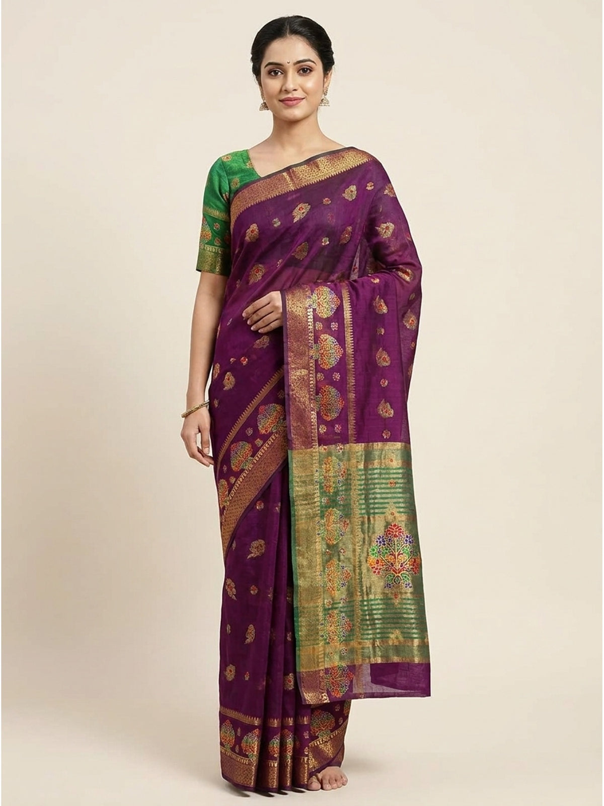 Purple Woven Cotton Blend Saree - Image 4