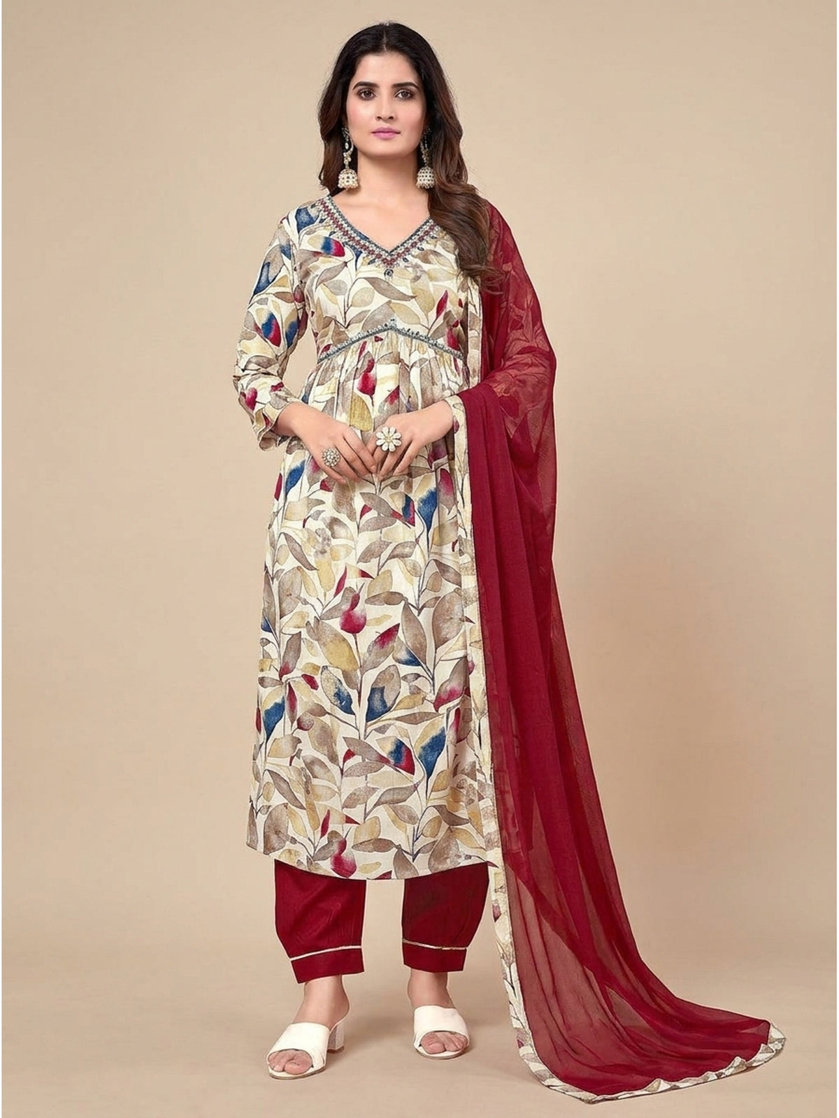 Beige & Maroon Floral Printed Rayon Alia Cut Salwar Suit - Image 1