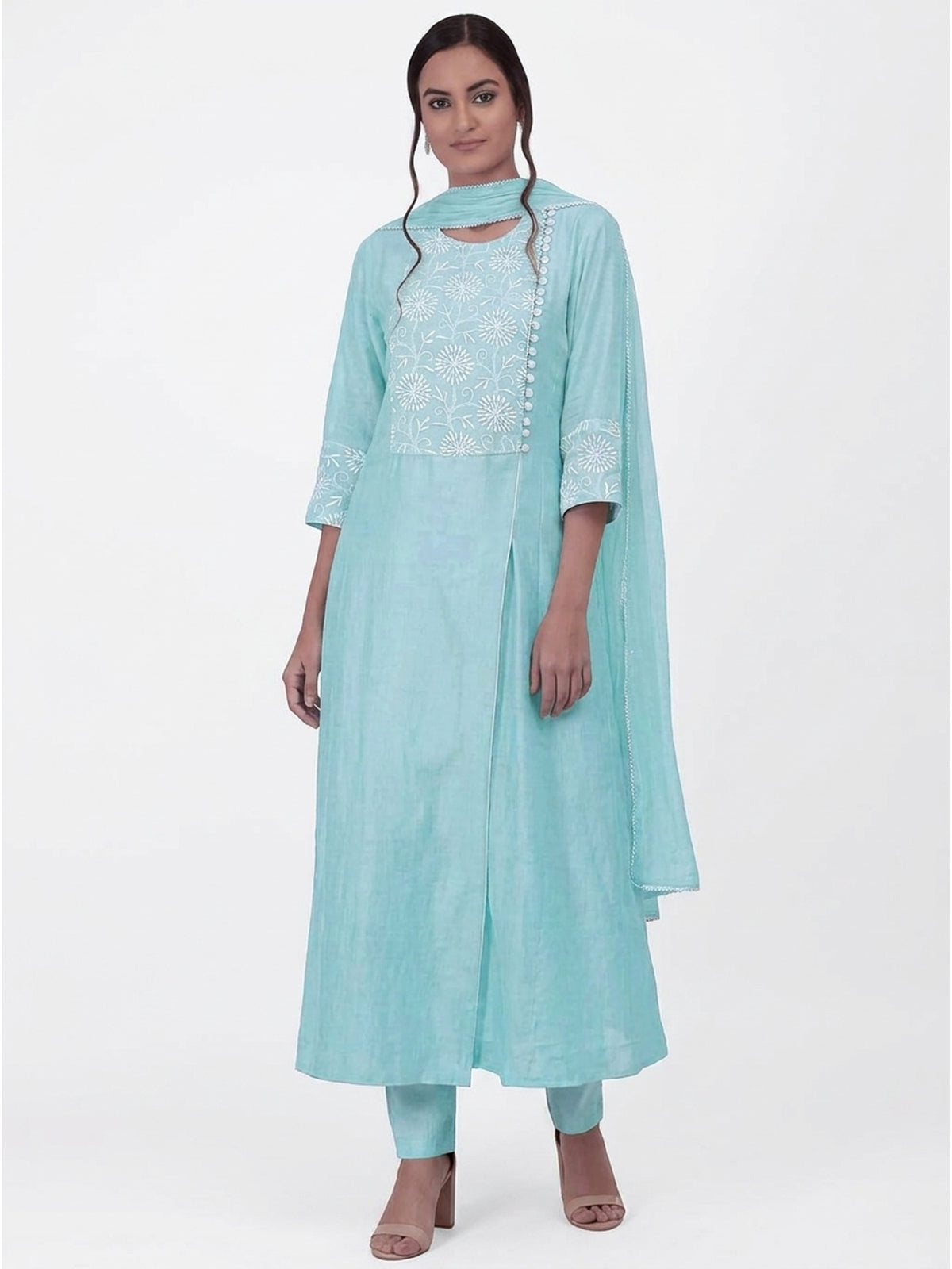 Sea Blue Floral Embroidered Viscose Suit - Image 1