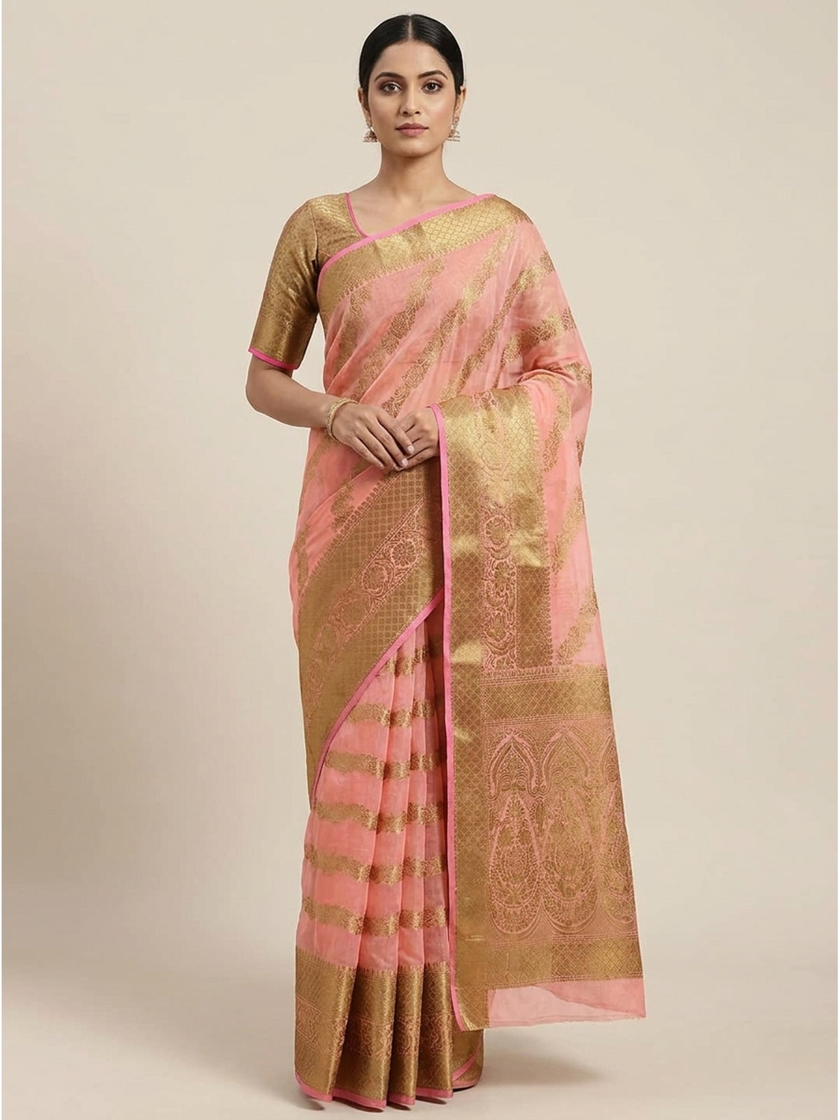 Peach Woven Cotton Blend Saree - Image 4