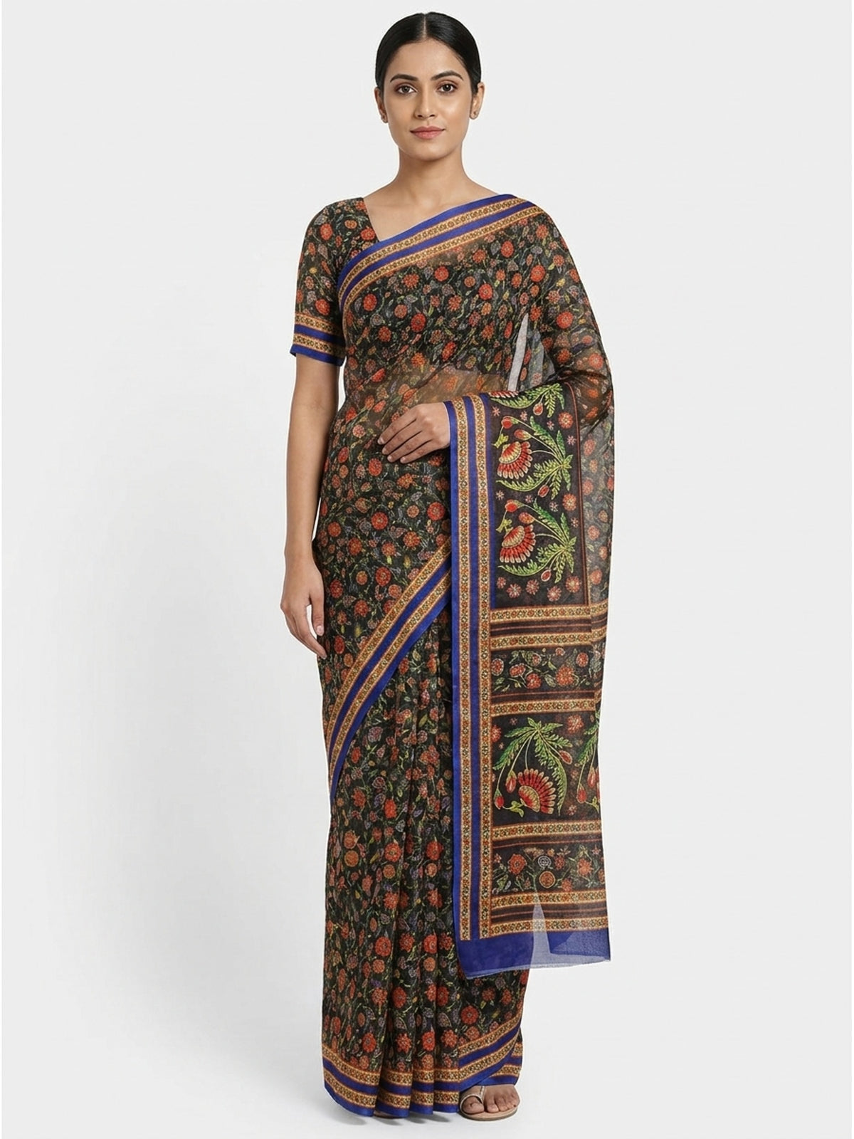 Green Floral Printed Pure Cotton Saree - Image 4
