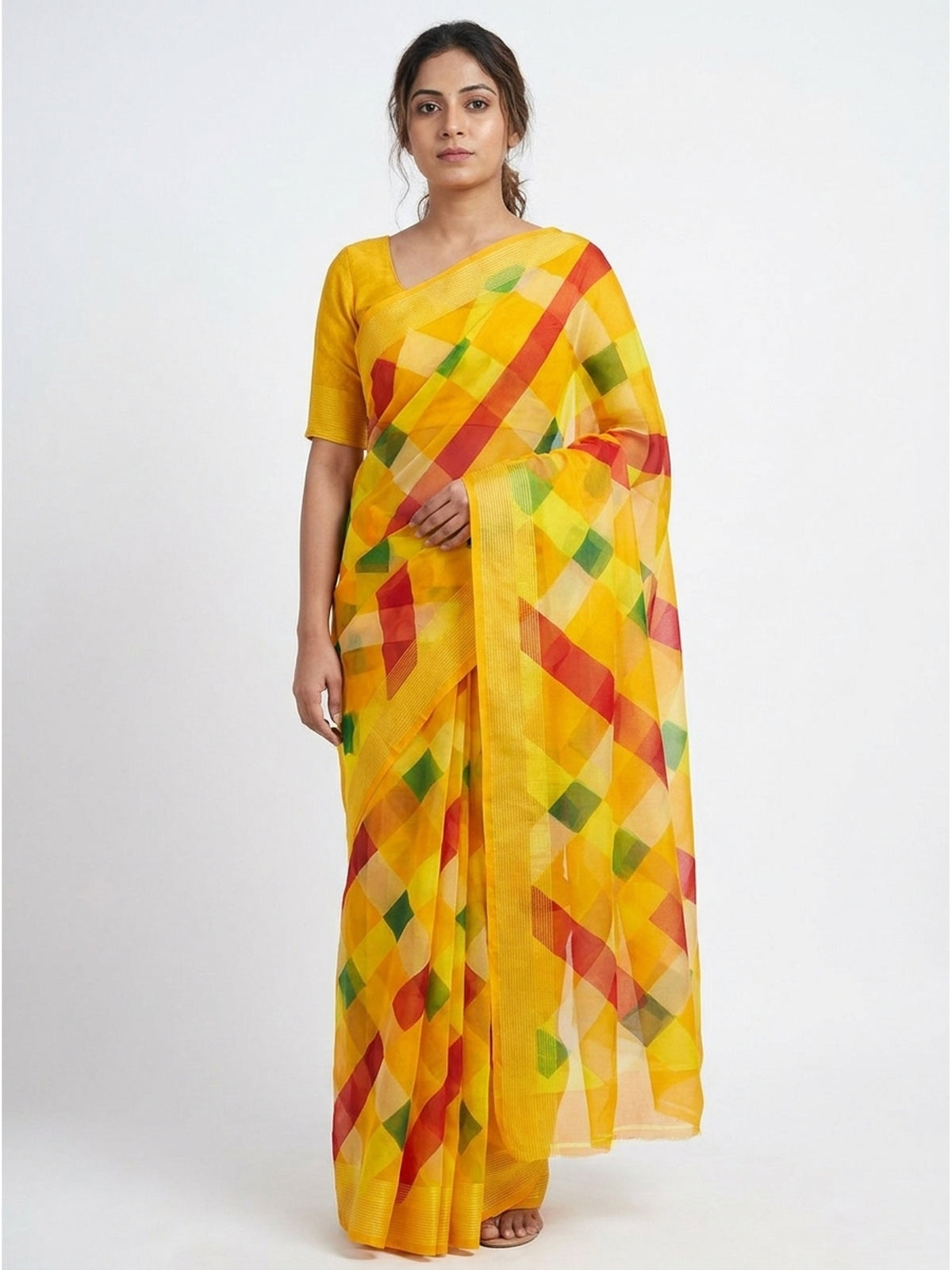 Yellow Cheks Printed Chiffon Saree - Image 4