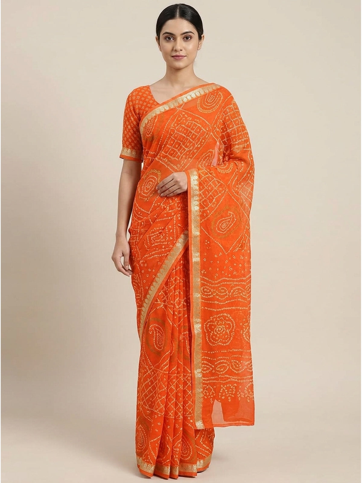 Orange Casual Wear Bandhani Printed Georgette Saree With Fancy Lace - Image 3