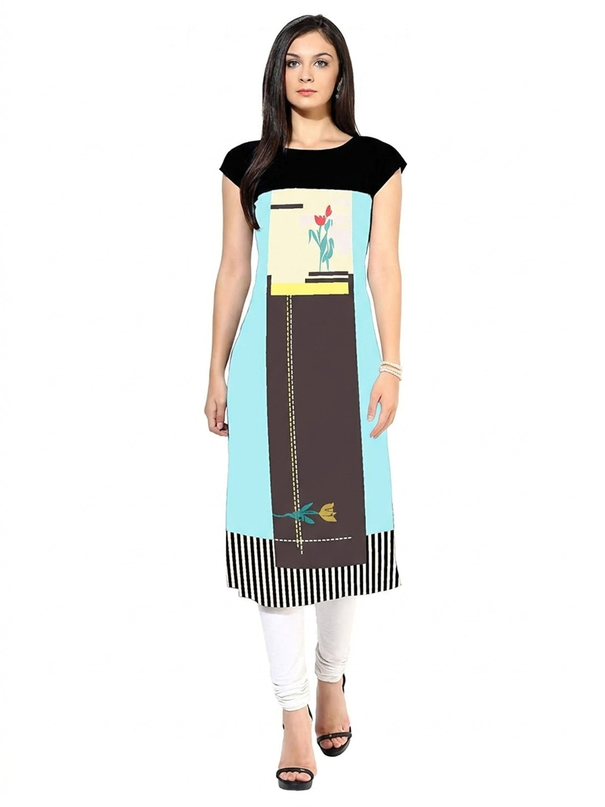 Demanding Sky Blue-Multi Colored Casual Printed Crepe Kurti - Image 3