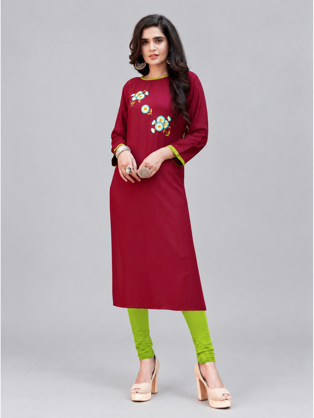 Maroon Floral Embroidered Rayon Kurti - Image 1