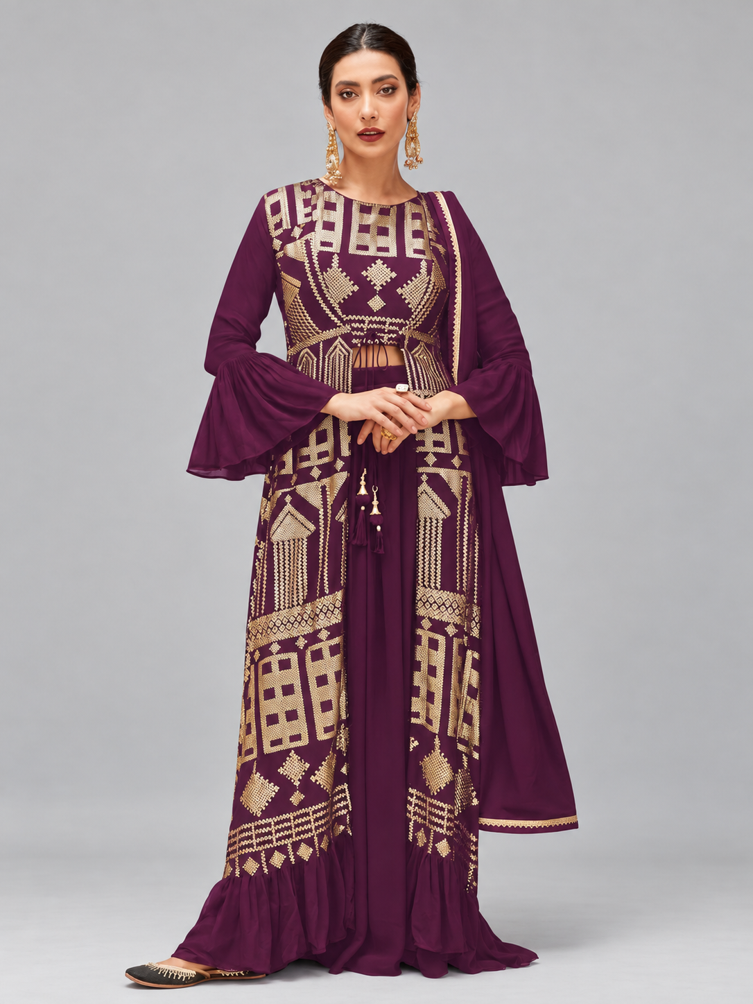 Purple Sequins Embroidered Georgette Sharara Choli With Jacket - Image 5