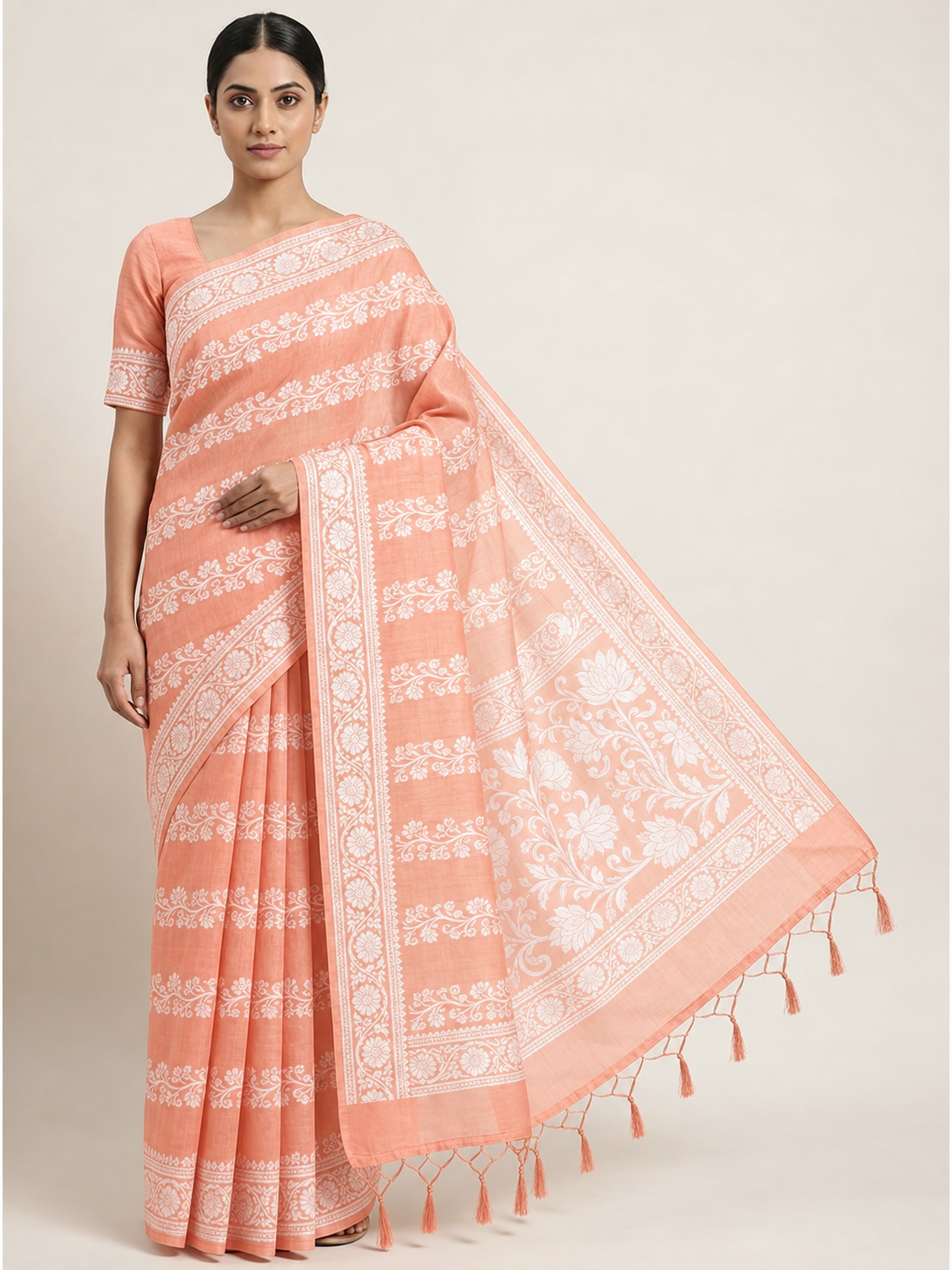 Peach Floral Woven Banarasi Silk Saree With Tassels - Image 5