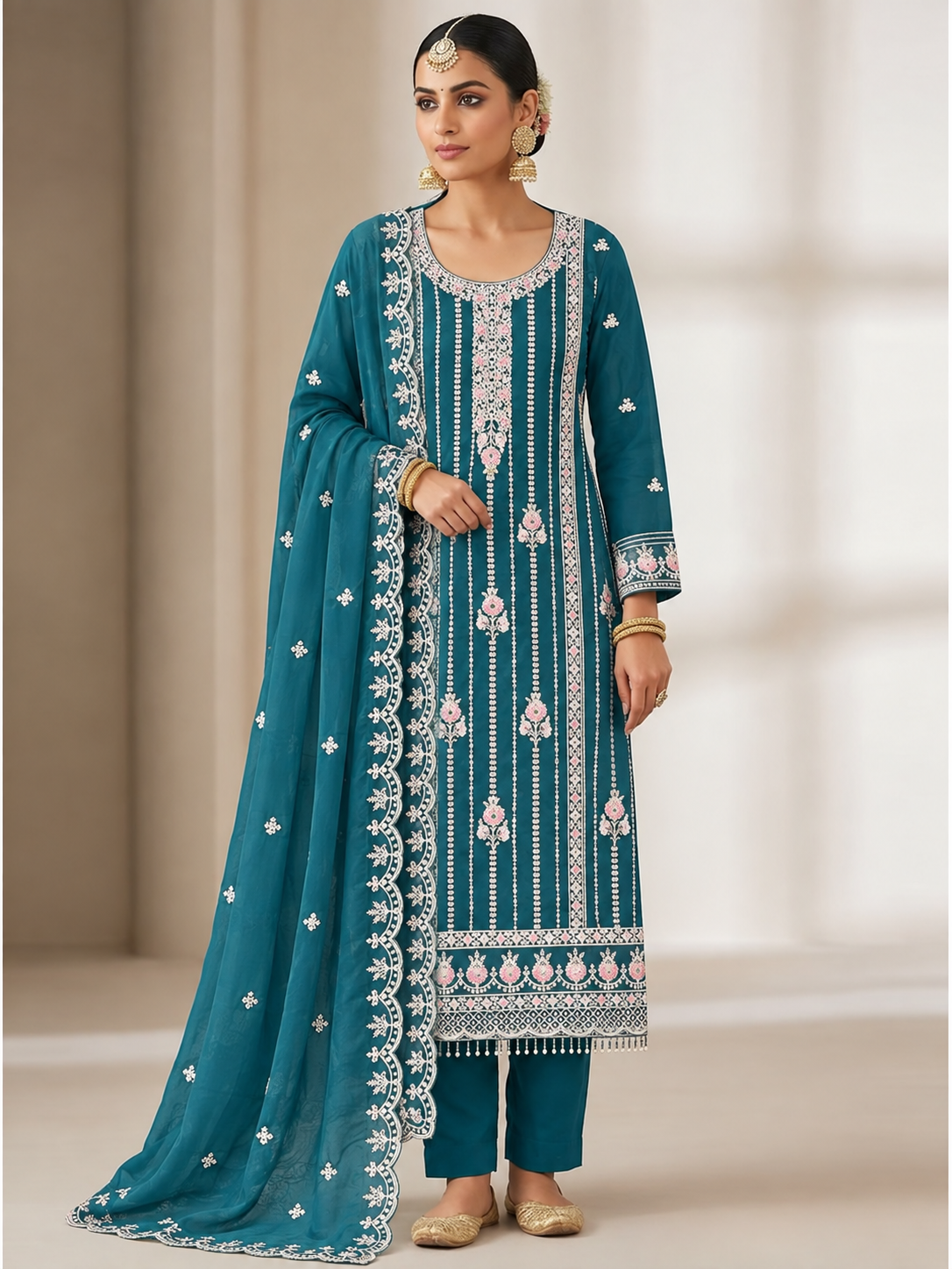 Blue Floral Hand Embroidered Georgette Semi Stitched Pakistani Suit - Image 1