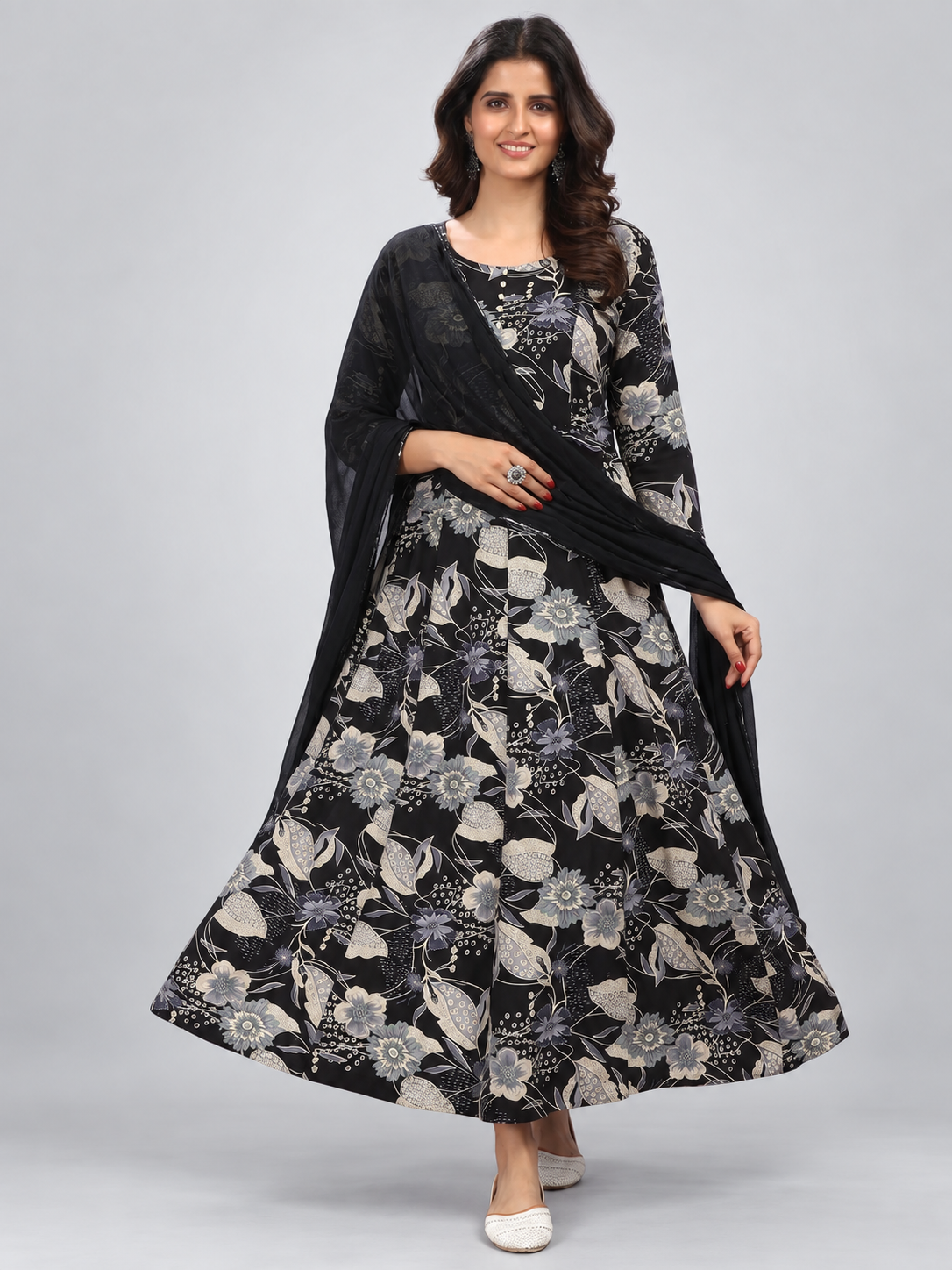 Black Floral Foil Printed Rayon Long Kurti - Image 1